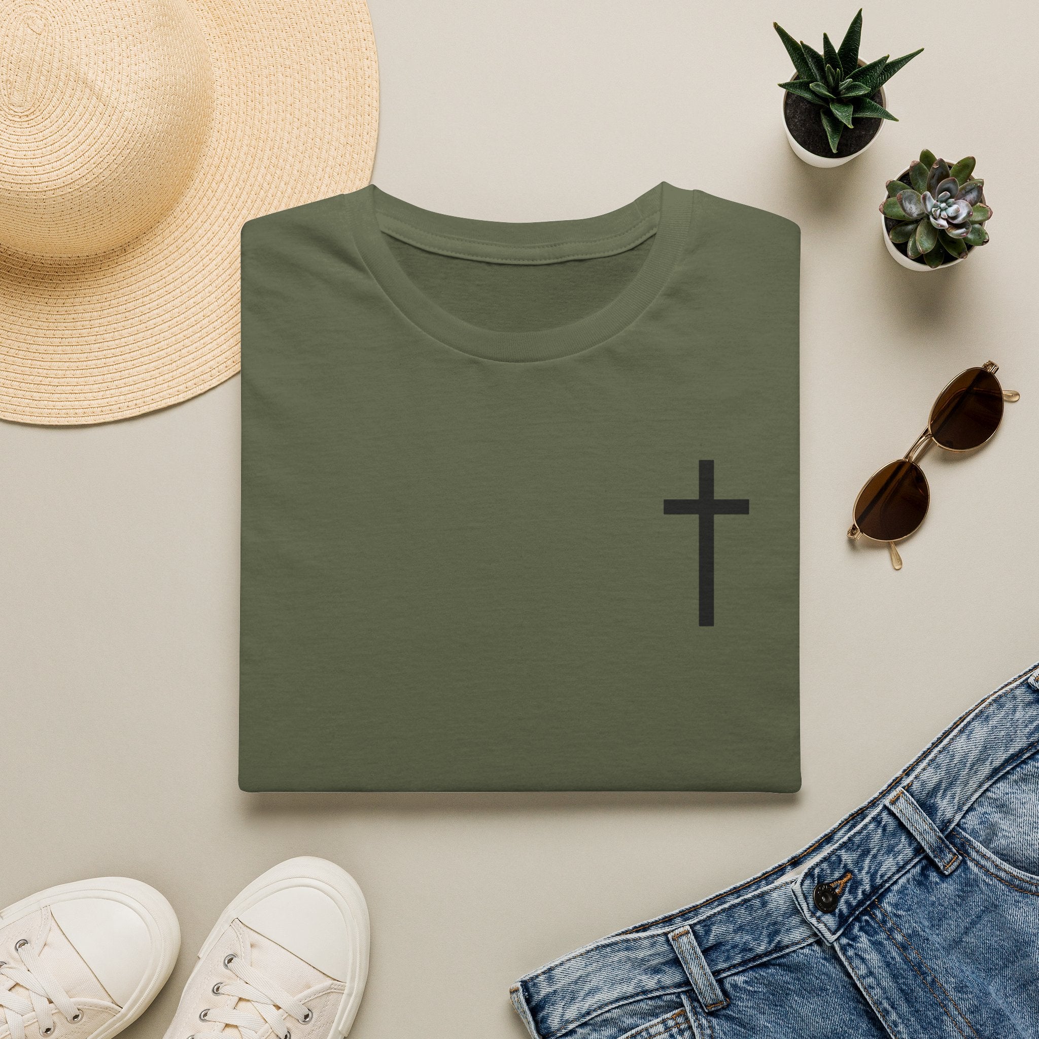 Man of Faith Rooted in Christ T-Shirt — Christian Gift for Him Flag & Cross Back Print Graphic Tee