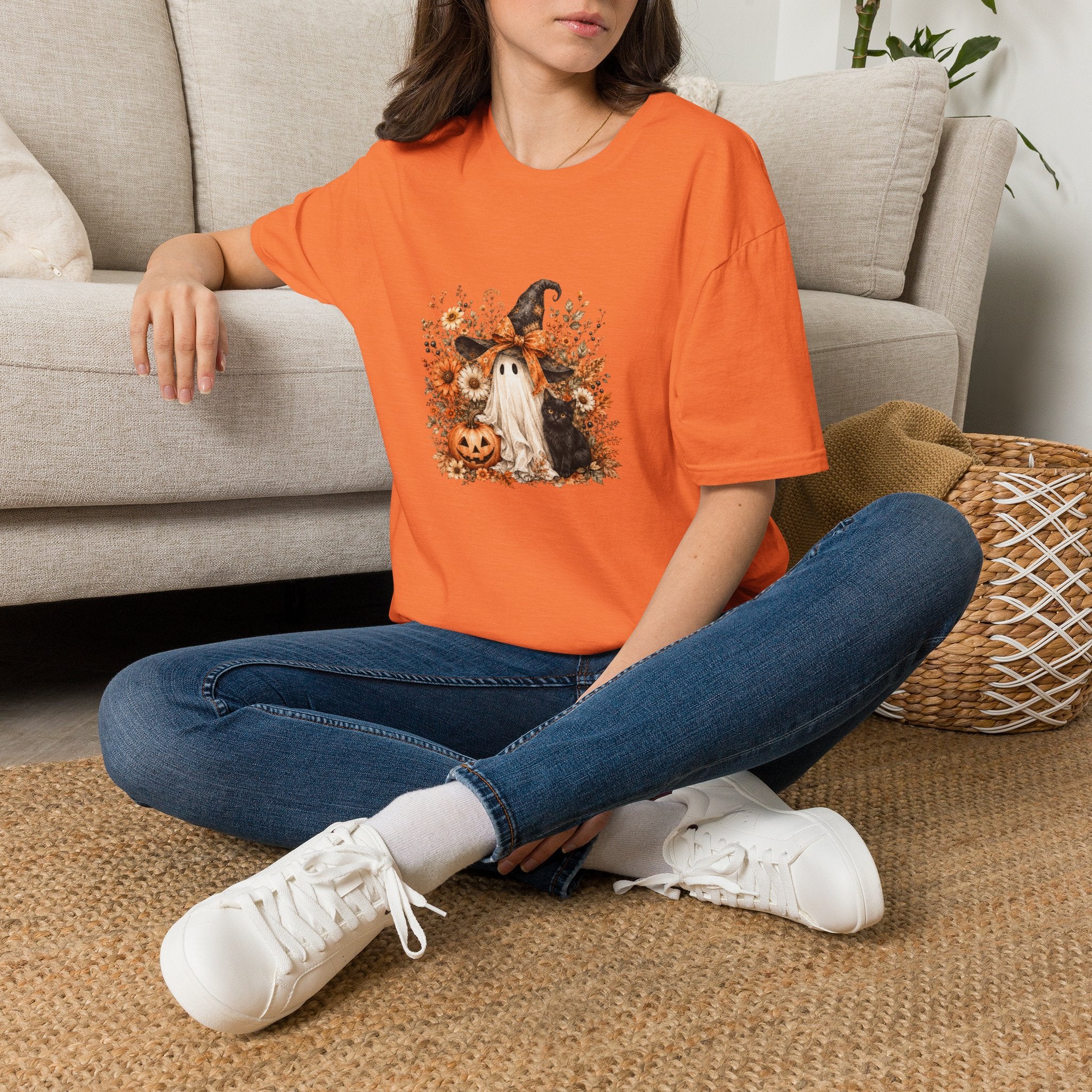 Halloween Witch Ghost & Cat T-Shirt — Cute Spooky Gift for Women Fall Floral Tee