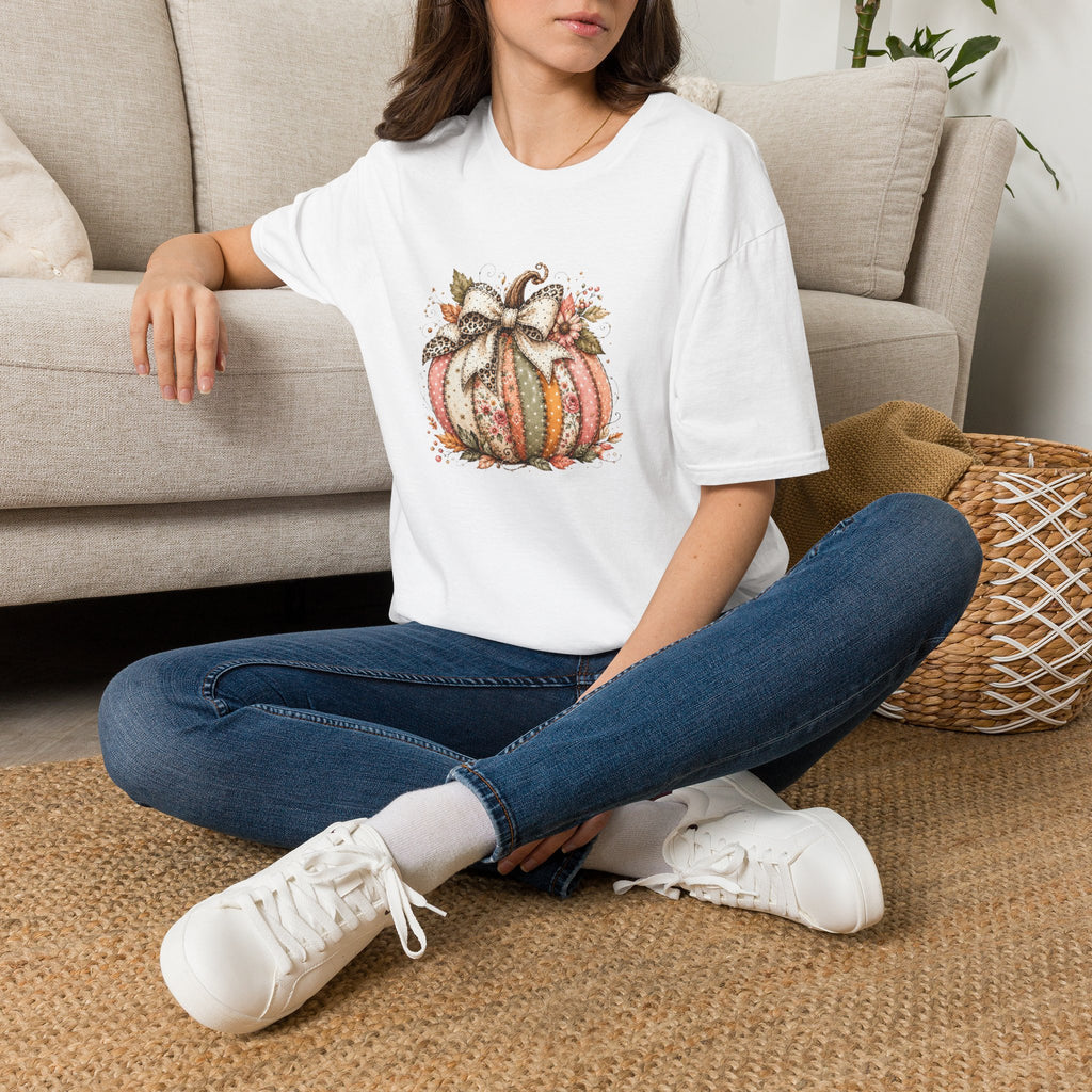 Autumn Floral Pumpkin Leopard Bow T-Shirt — Cute Fall Gift for Women Graphic Tee
