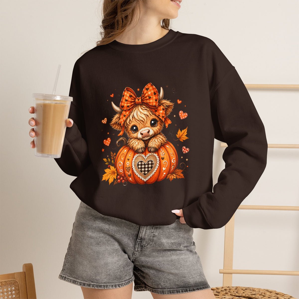 Cute Highland Cow Pumpkin Halloween Sweatshirt