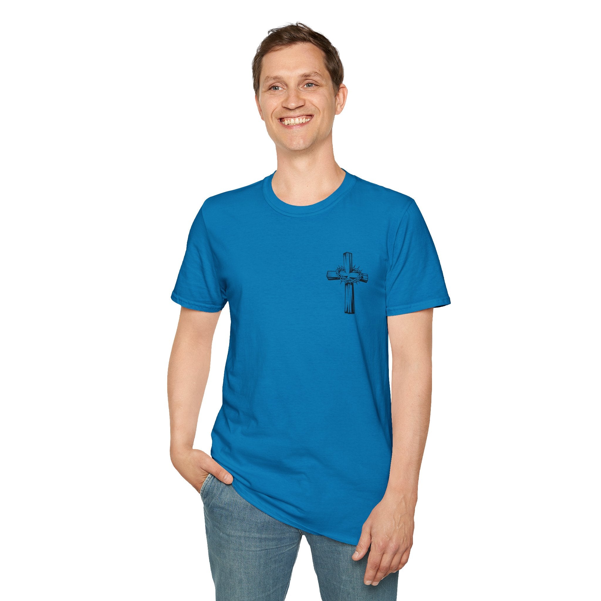 Cross Lion and Jesus Back Print T-Shirt — Wood Cross Chest Christian Faith Graphic