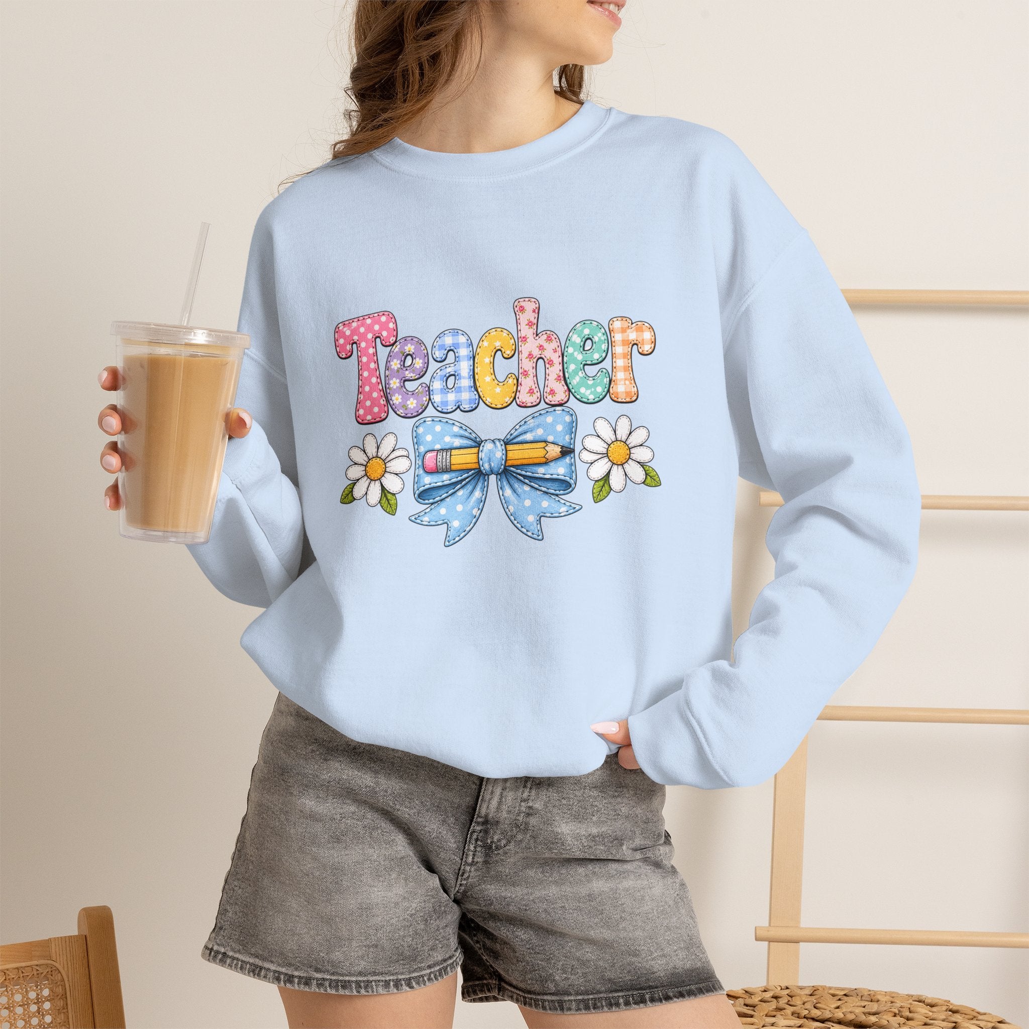 Teacher Floral Bow Sweatshirt — Cute Pastel Gift for Teachers Appreciation Crewneck