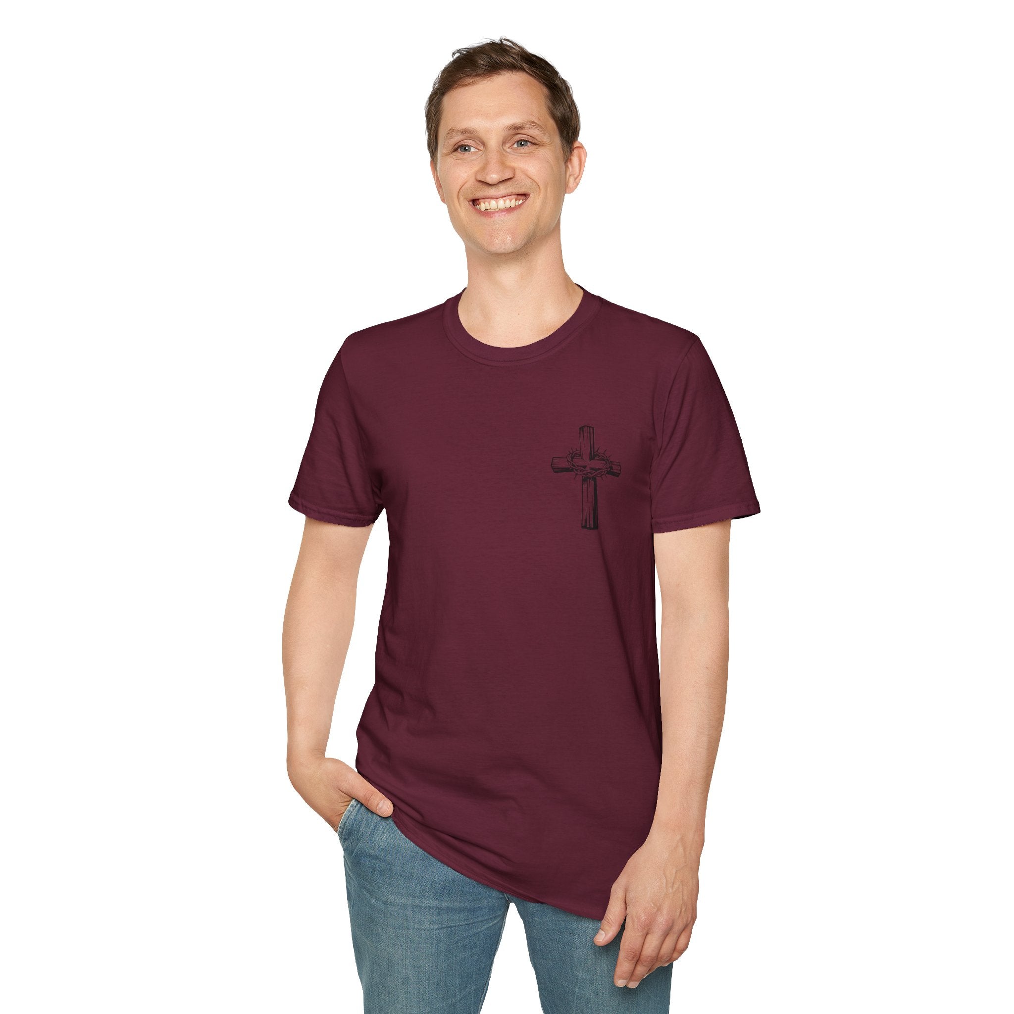 Cross Lion and Jesus Back Print T-Shirt — Wood Cross Chest Christian Faith Graphic