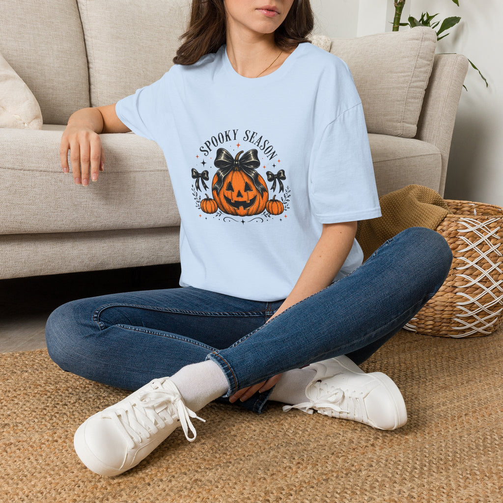 Spooky Season Jack-O'-Lantern Bow T-Shirt — Cute Halloween Gift for Women Graphic Tee