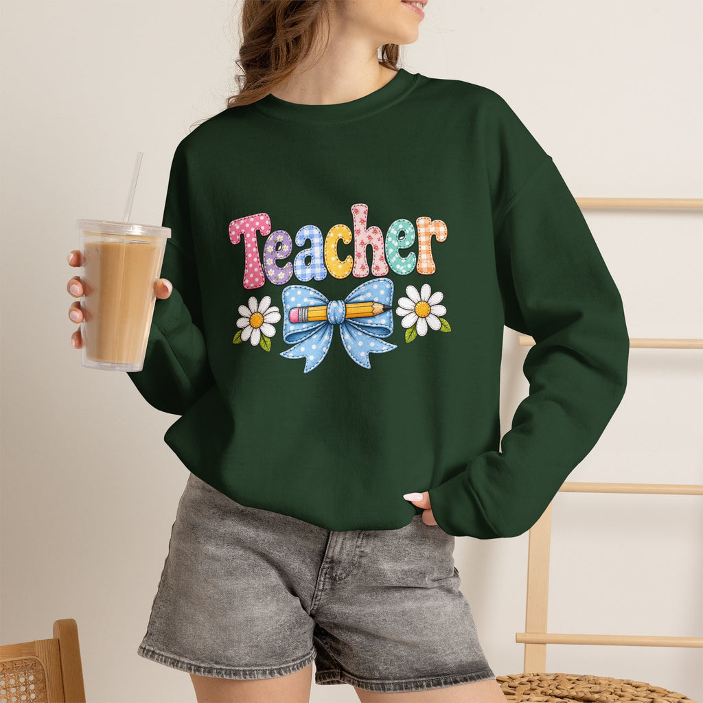 Teacher Floral Bow Sweatshirt — Cute Pastel Gift for Teachers Appreciation Crewneck