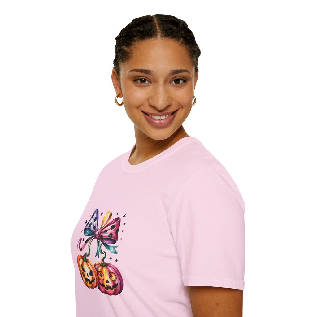 Halloween Pumpkin Bow T-Shirt — Cute Colorful Gift for Women Jack-O'-Lantern Tee