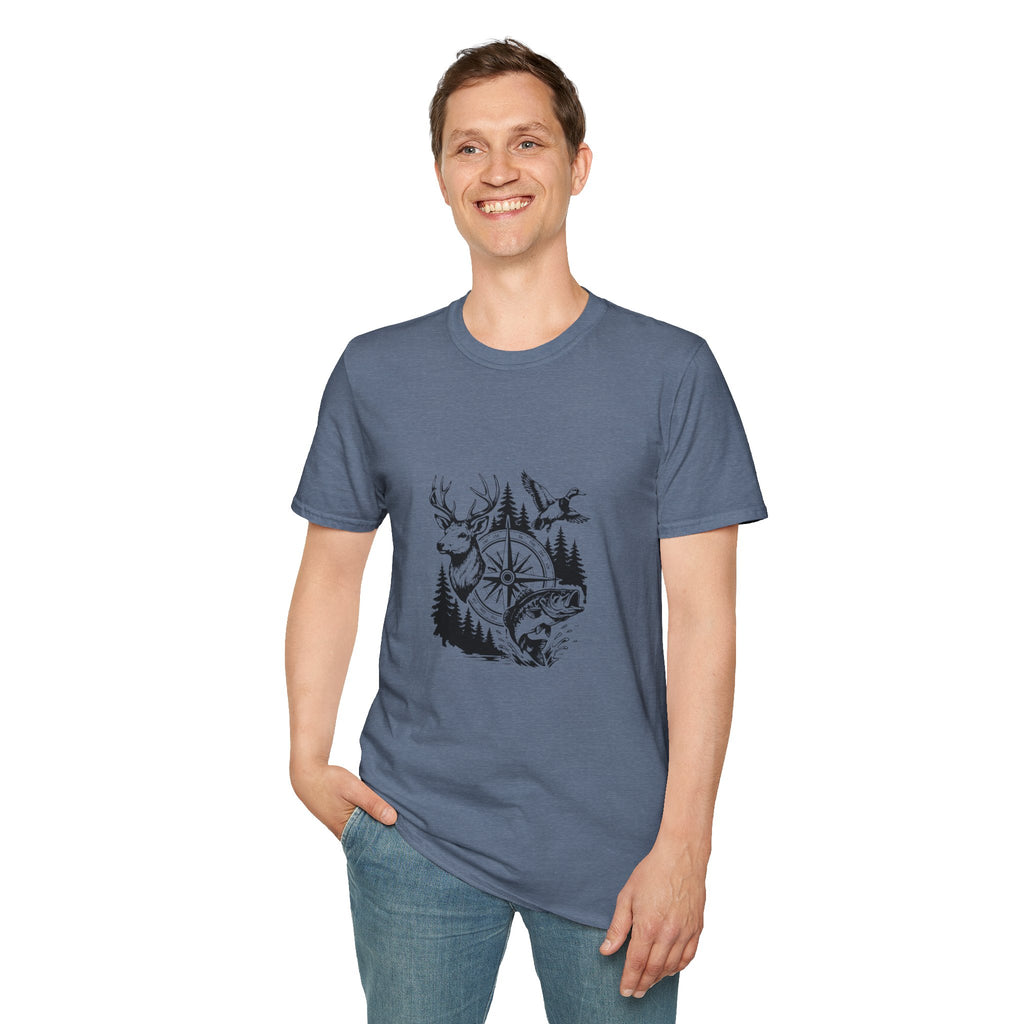 Outdoor Wildlife Compass T-Shirt — Deer Duck & Fish Nature Gift for Hunters