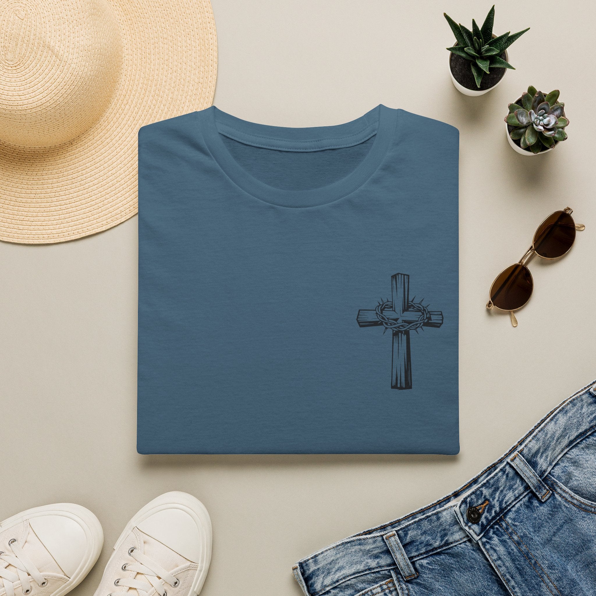 Cross Lion and Jesus Back Print T-Shirt — Wood Cross Chest Christian Faith Graphic