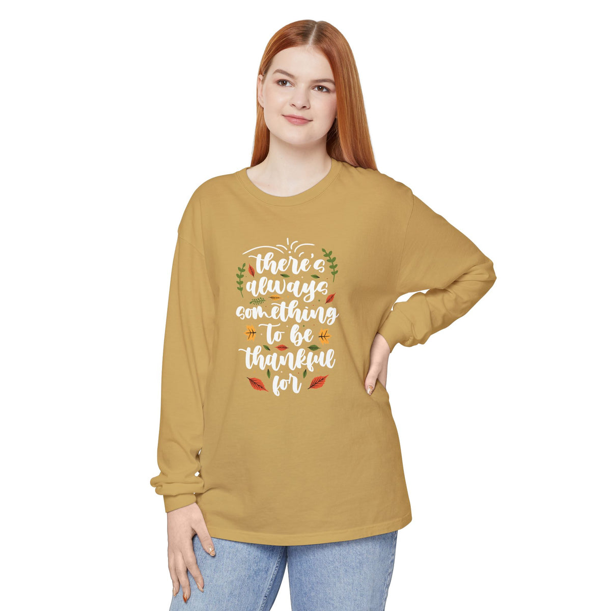Thankful For Crewneck Long Sleeve Tee — Fall Thanksgiving Gratitude Shirt