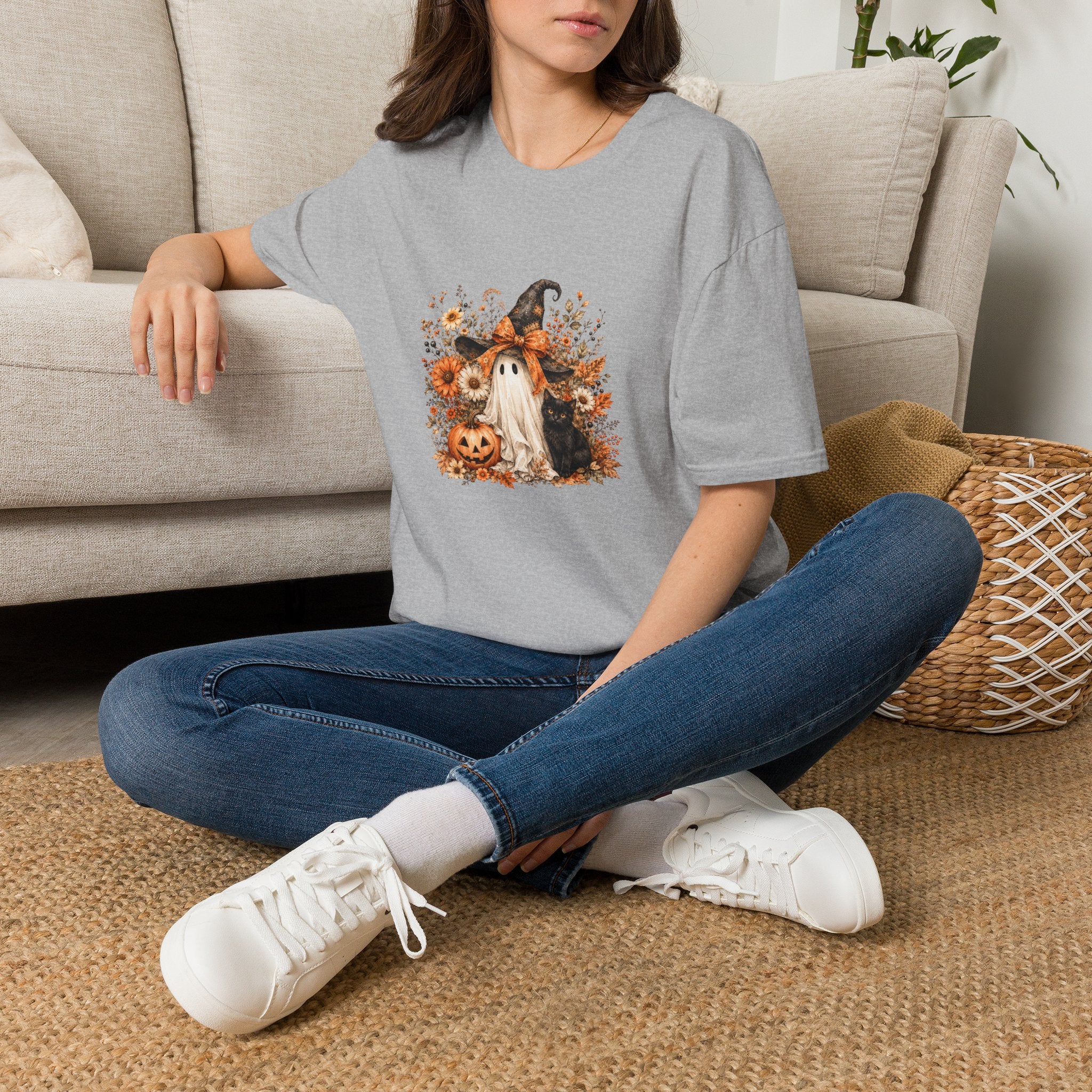 Halloween Witch Ghost & Cat T-Shirt — Cute Spooky Gift for Women Fall Floral Tee
