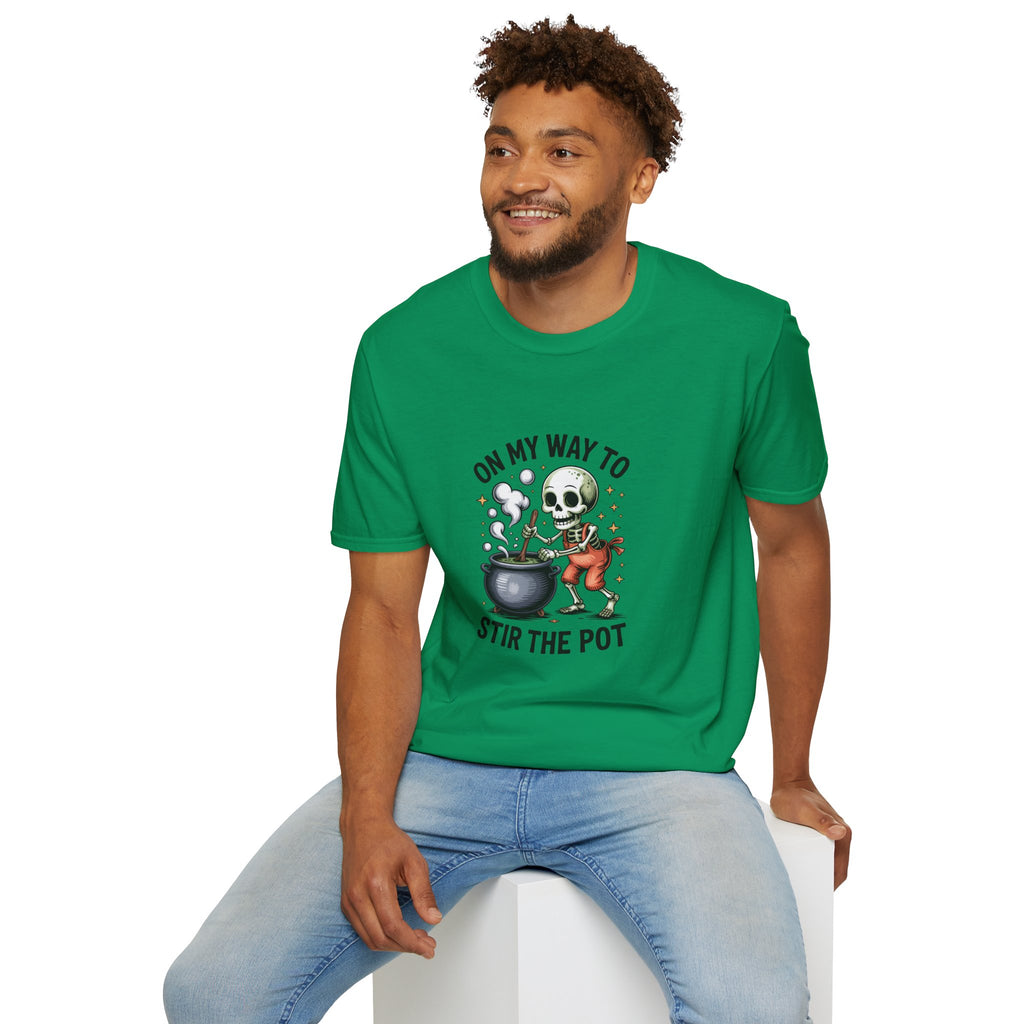 On My Way to Stir the Pot Skeleton T-Shirt — Funny Halloween Gift for Women