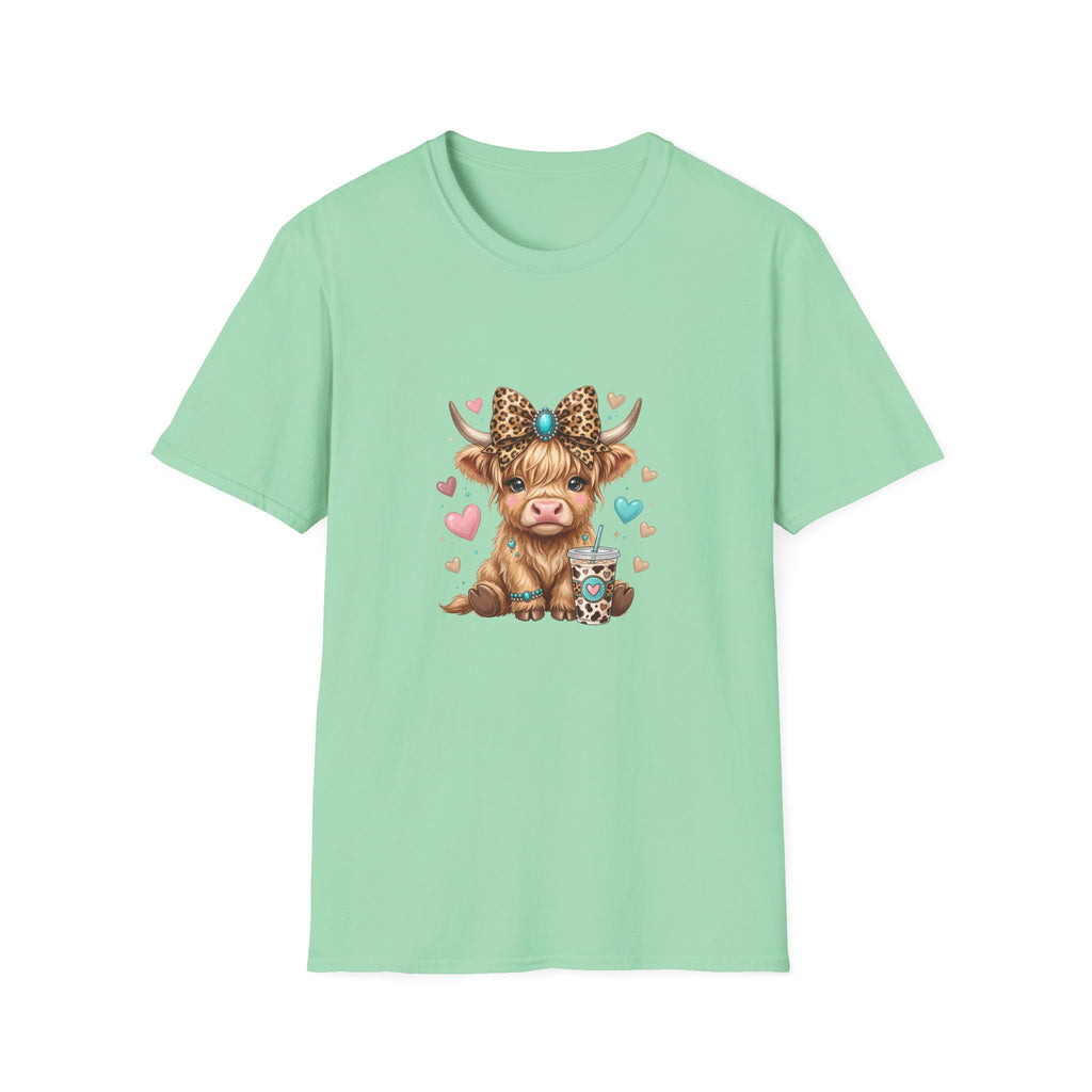 Highland Cow Leopard Bow T-Shirt — Cute Funny Gift for Her Hearts Graphic Tee