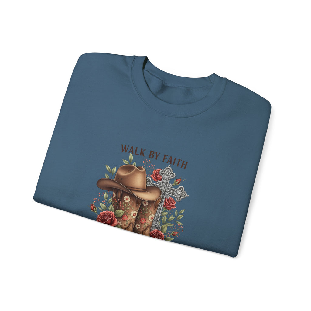 Faith Cowboy Boots Sweatshirt — "Walk by Faith, Even When You Cannot See" Christian Crewneck