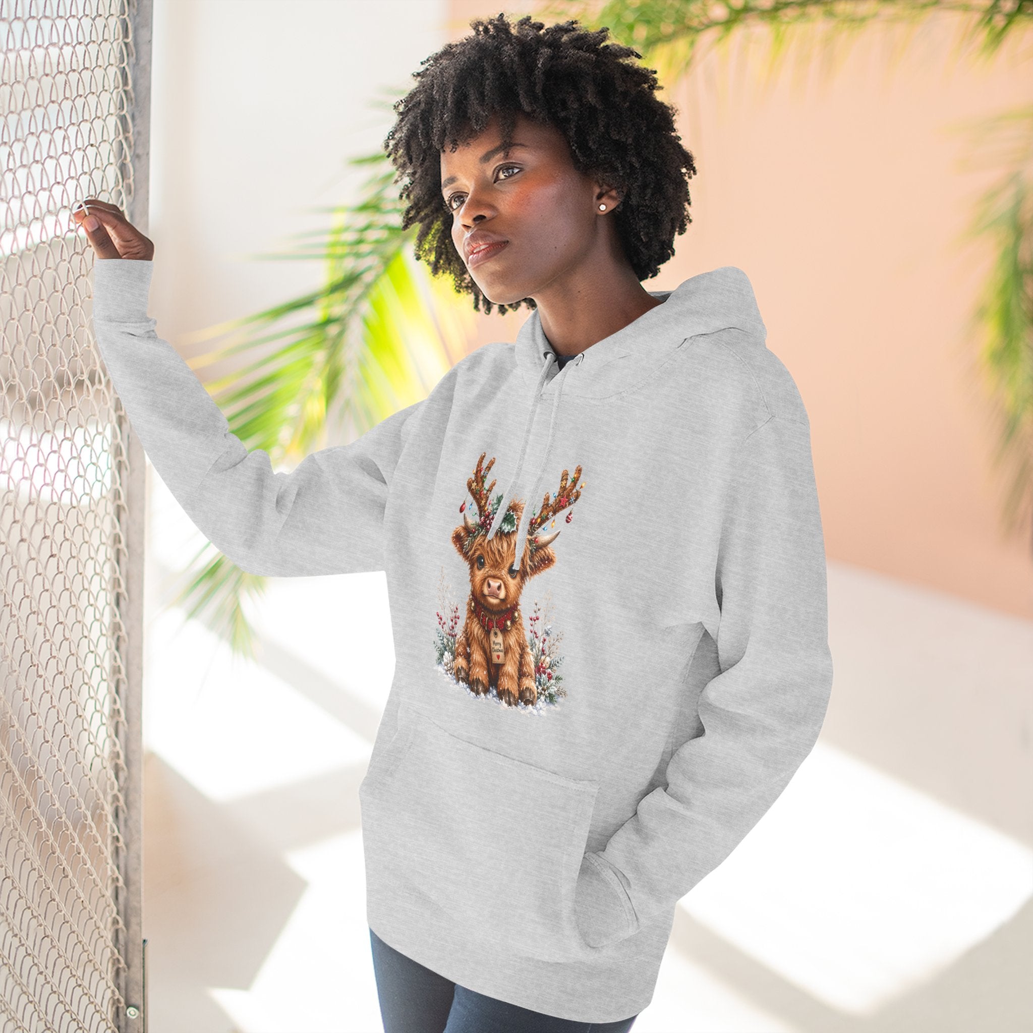 Cute Reindeer Fleece Hoodie - Christmas Woodland Holiday Sweatshirt