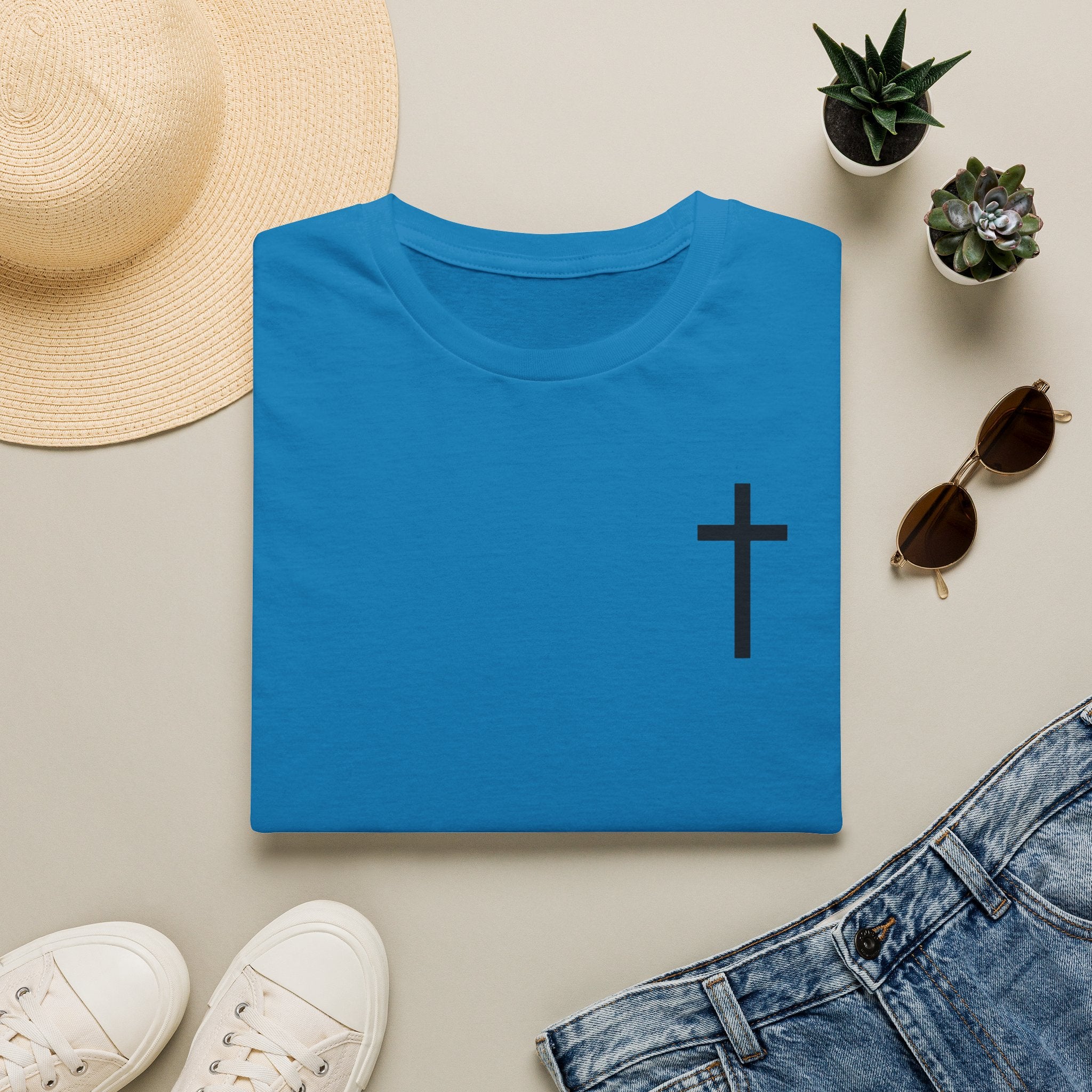 Man of Faith Rooted in Christ T-Shirt — Christian Gift for Him Flag & Cross Back Print Graphic Tee