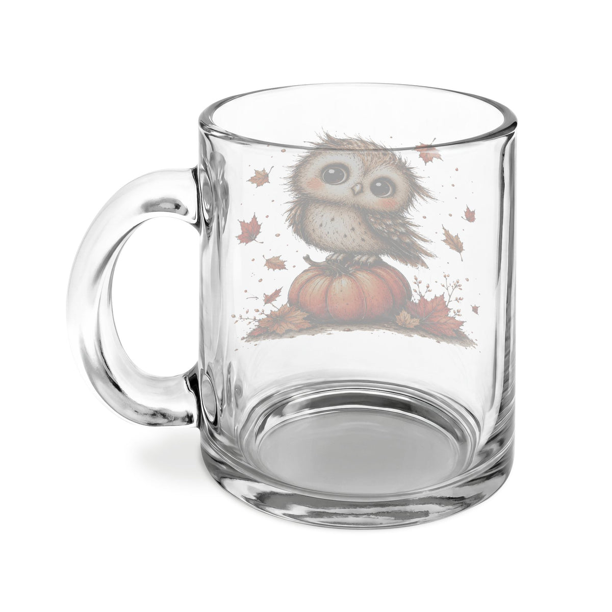 Autumn Owl Glass Mug — Cute Owl on Pumpkin Fall Coffee Cup (10oz)