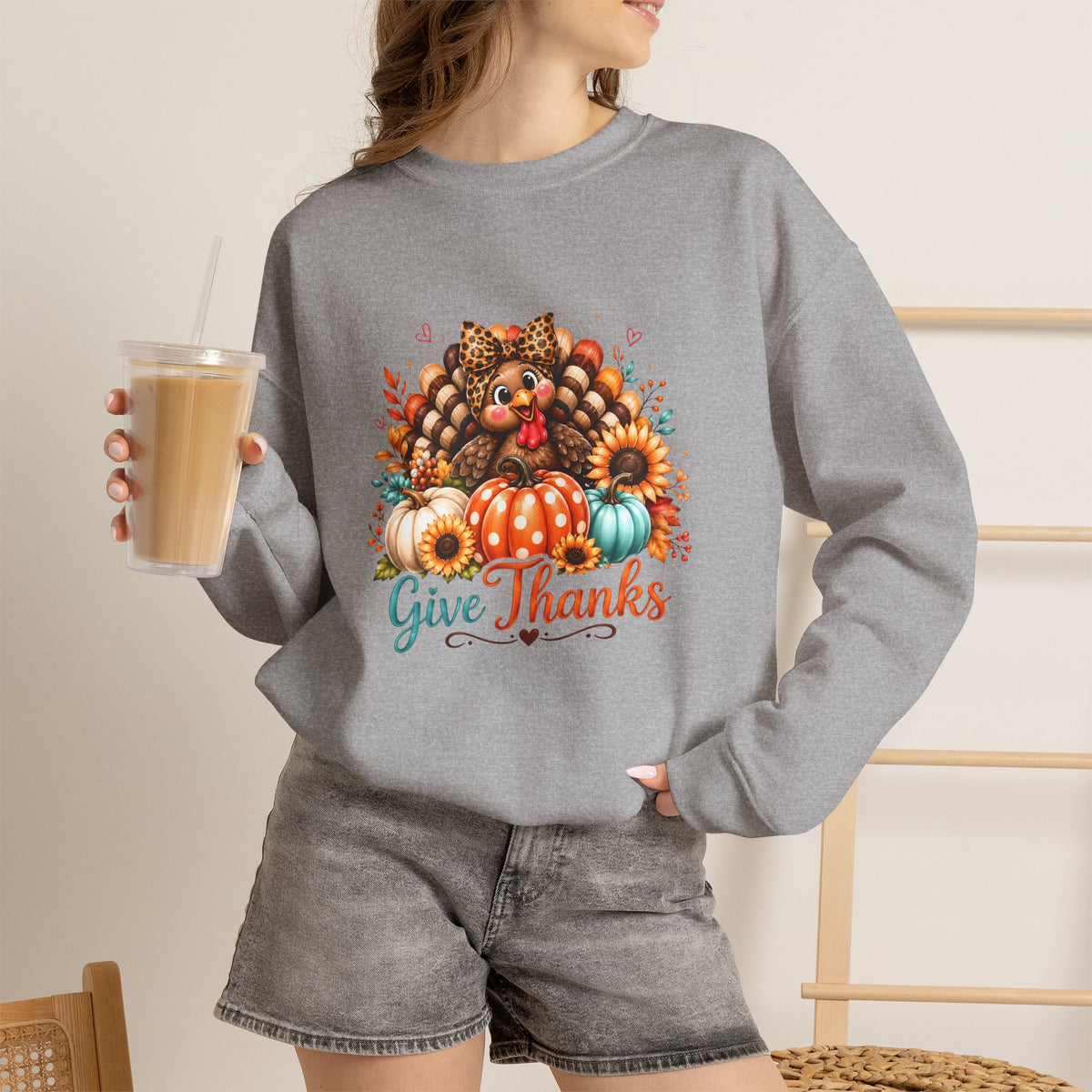 Sweatshirt — "Give Thanks" Autumn Turkey & Pumpkin Thanksgiving Crewneck