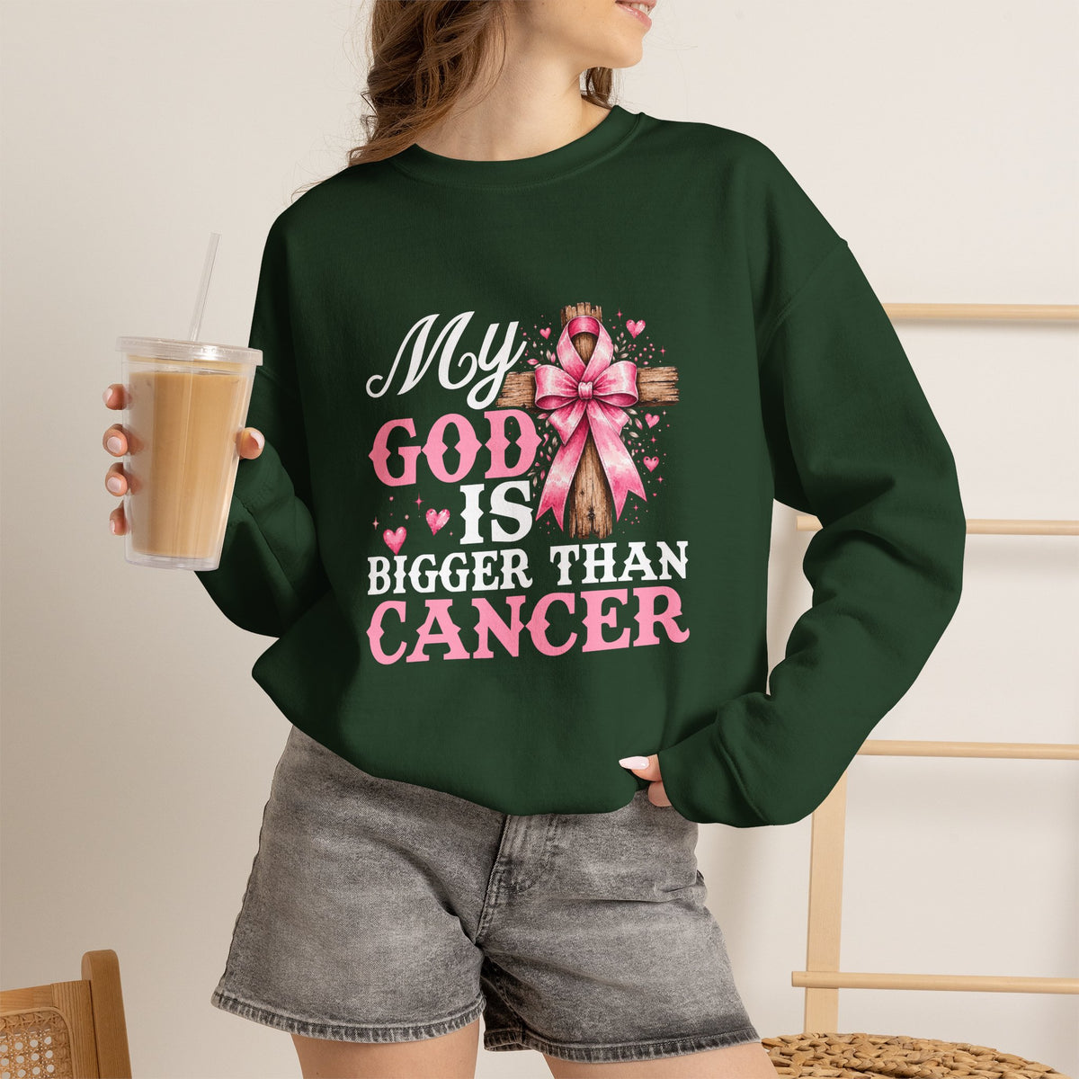 My God Is Bigger Than Cancer Breast Cancer Awareness Crewneck Sweatshirt