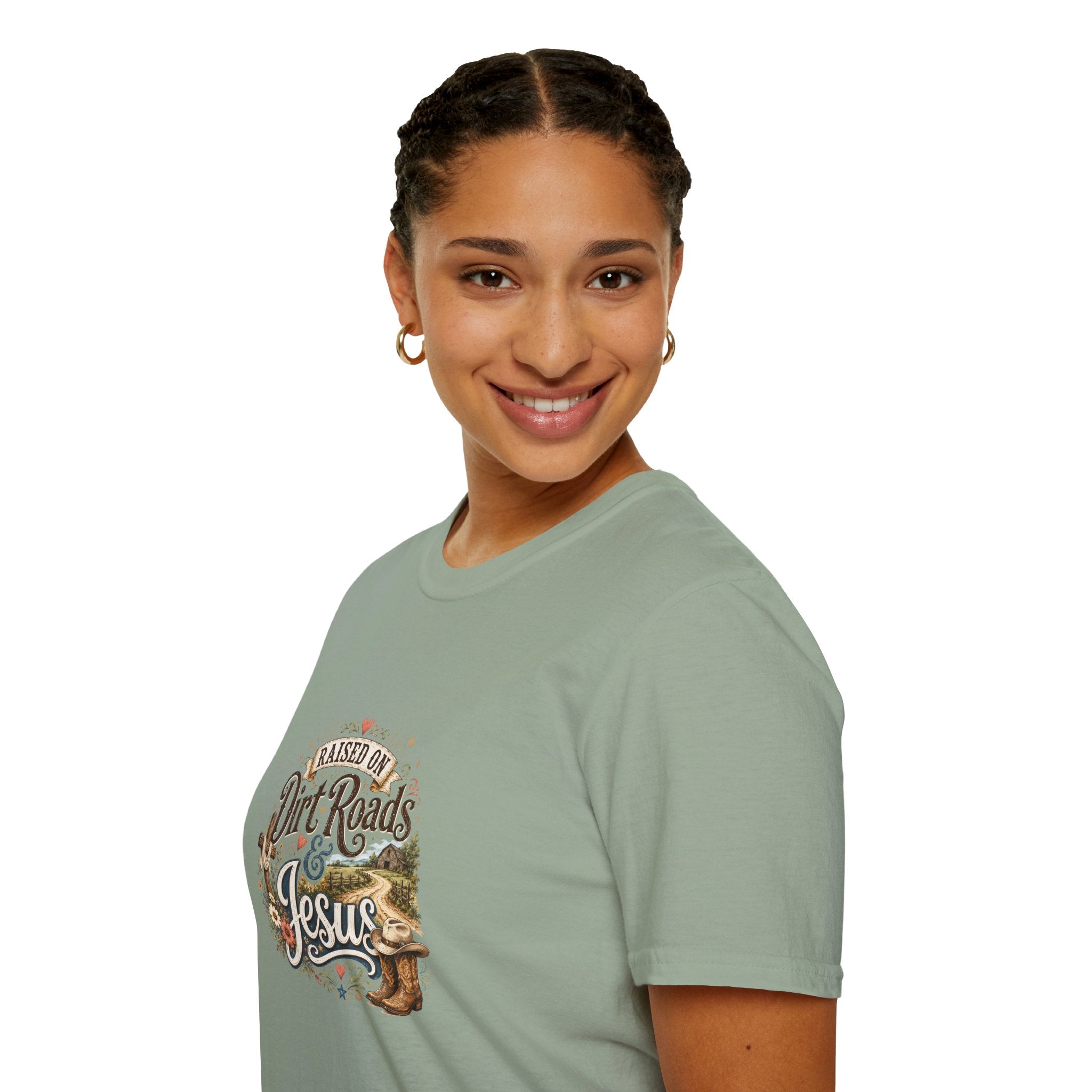 Raised on Dirt Roads & Jesus T-Shirt — Rustic Christian Gift for Women Faith Tee