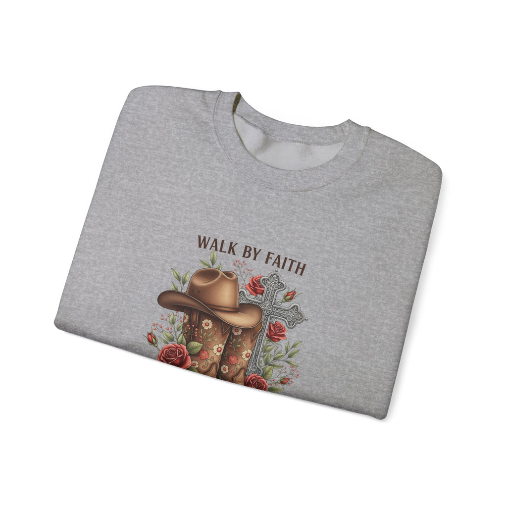 Faith Cowboy Boots Sweatshirt — "Walk by Faith, Even When You Cannot See" Christian Crewneck