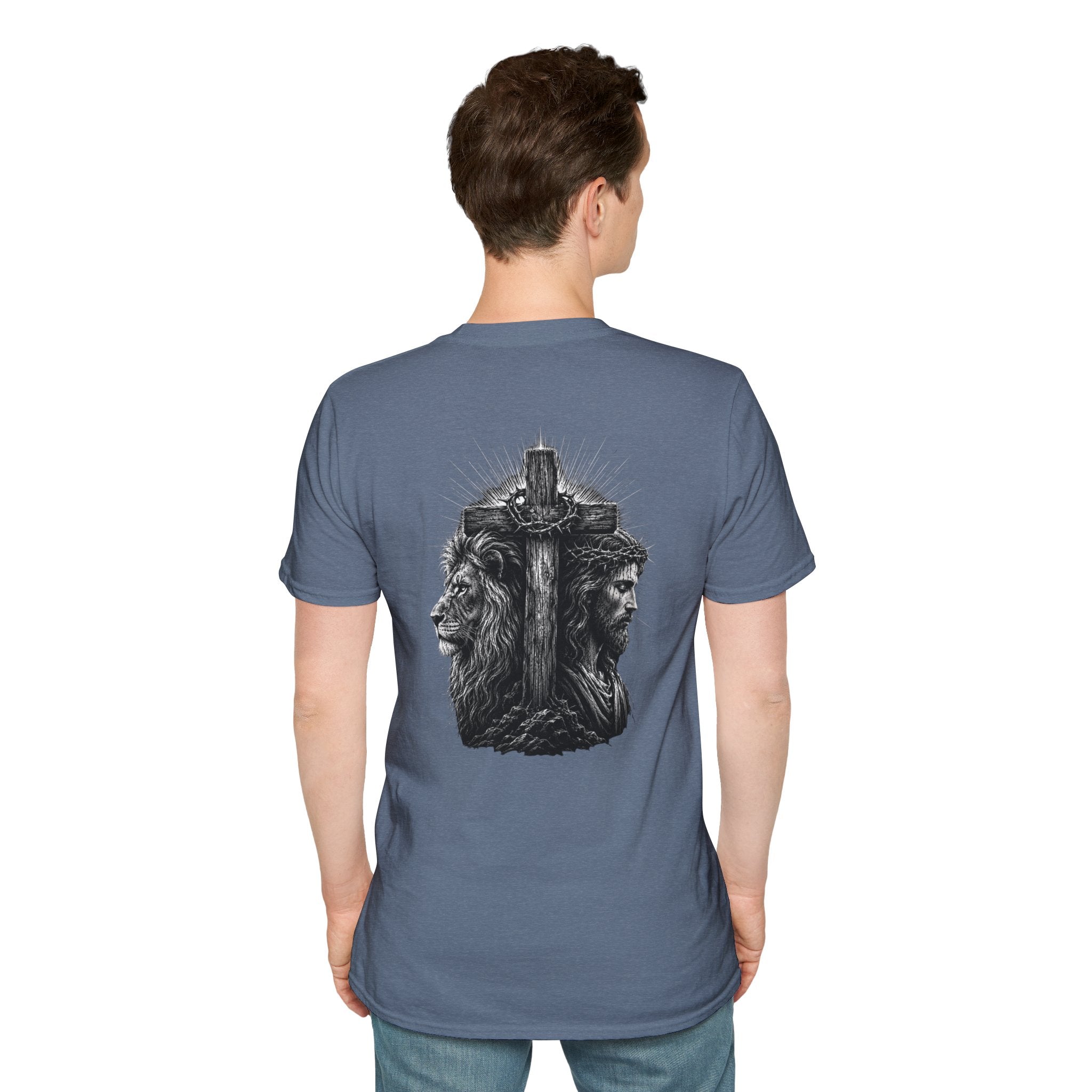 Cross Lion and Jesus Back Print T-Shirt — Wood Cross Chest Christian Faith Graphic