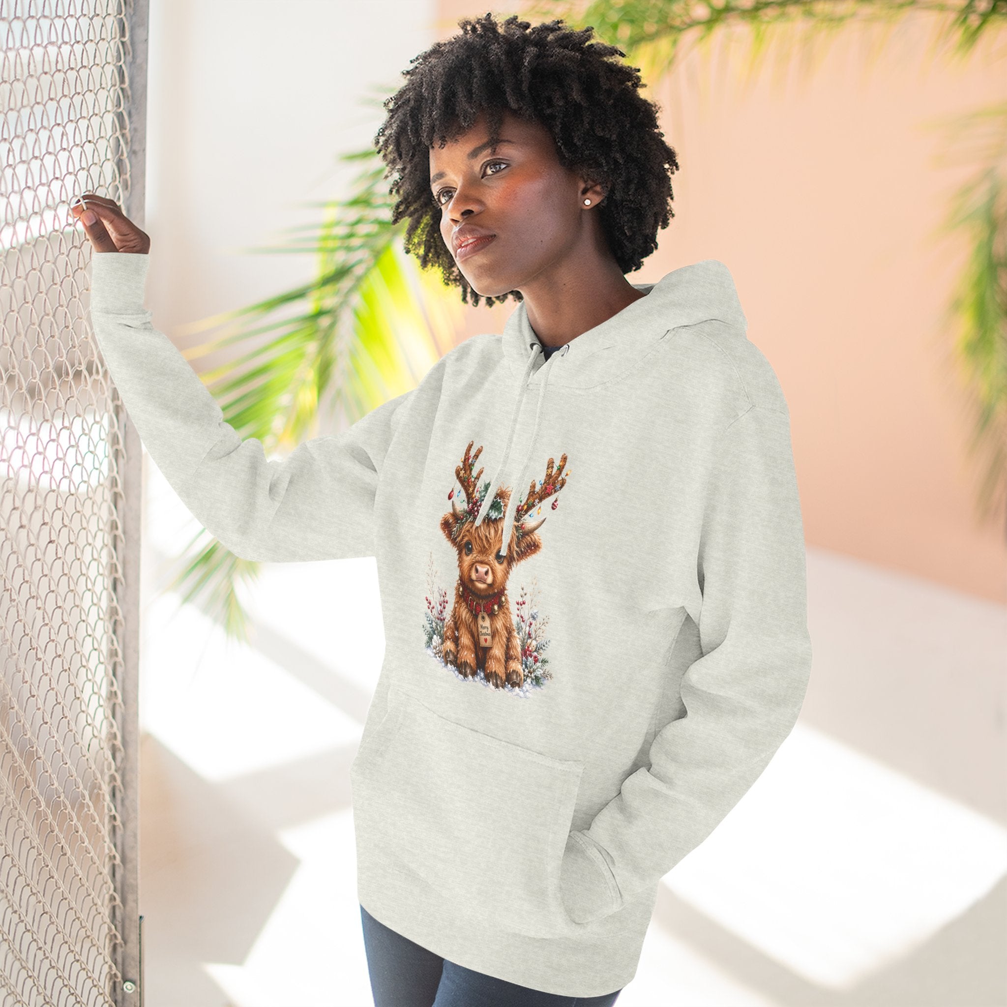 Cute Reindeer Fleece Hoodie - Christmas Woodland Holiday Sweatshirt