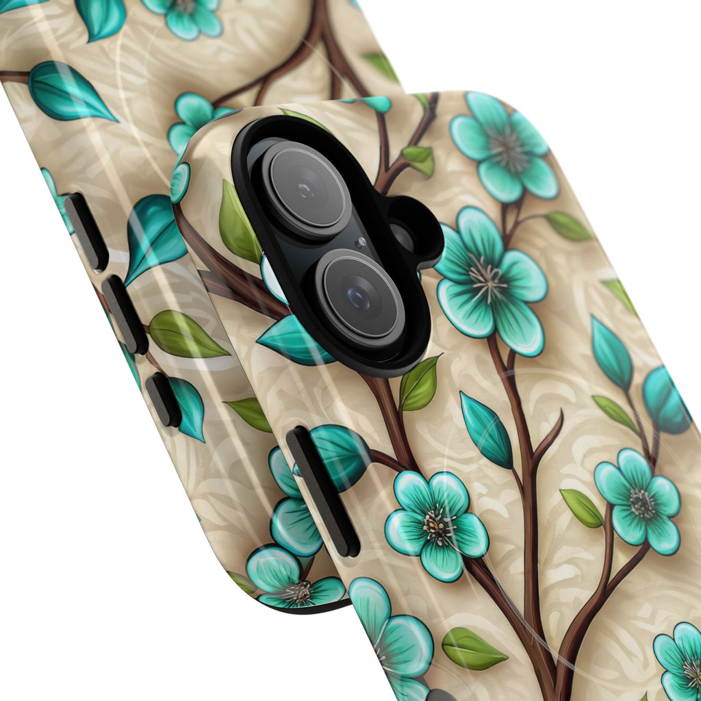 Floral Teal Blossom Tough Magnetic iPhone Case — MagSafe Protective Cover