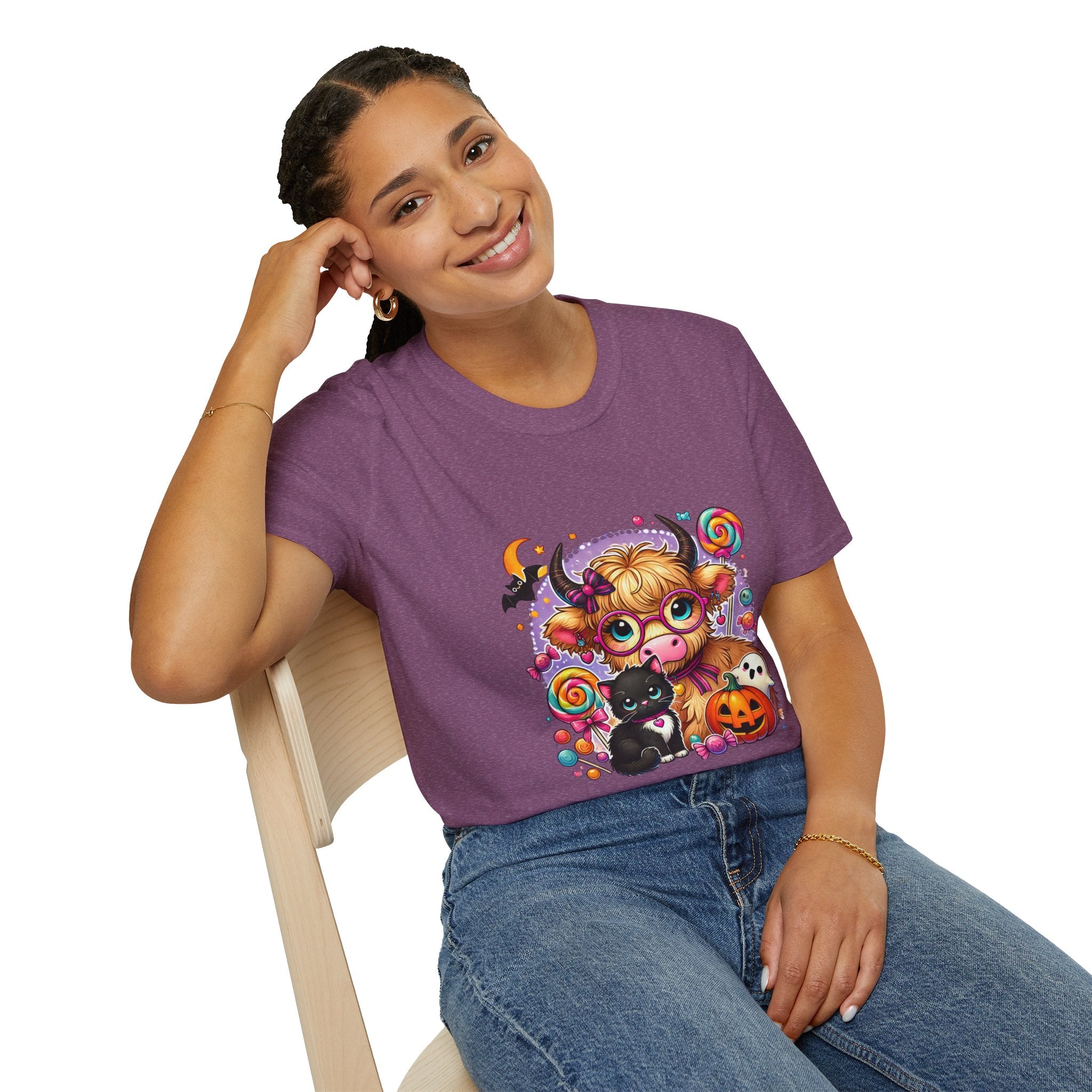Cute Halloween Cow T-Shirt — Funny Gift for Her Candy Pumpkins & Kitty Costume Tee