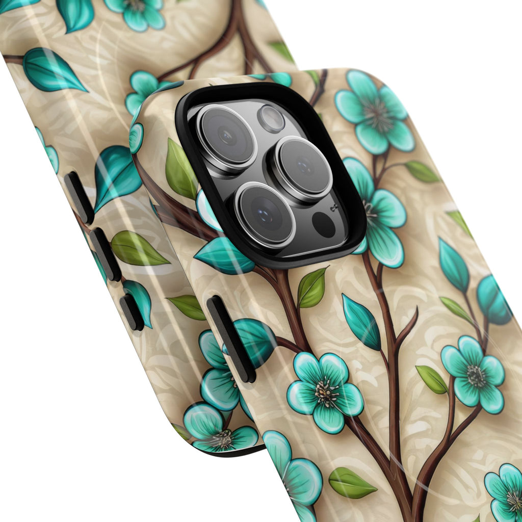 Floral Teal Blossom Tough Magnetic iPhone Case — MagSafe Protective Cover