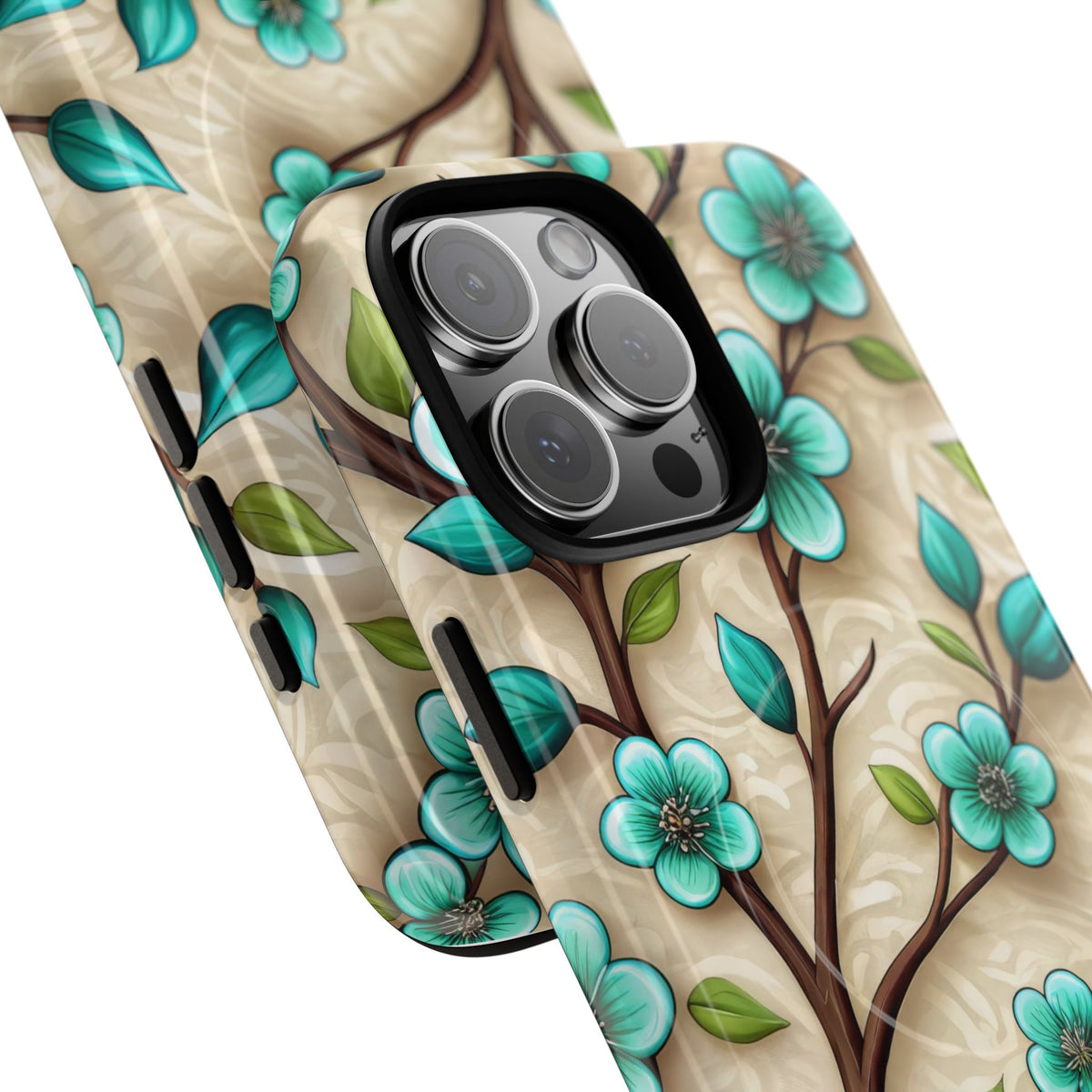 Floral Teal Blossom Tough Magnetic iPhone Case — MagSafe Protective Cover