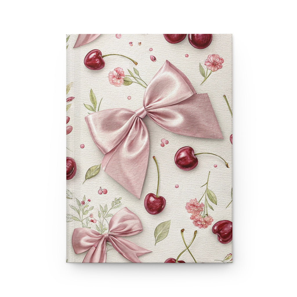 Cherry Bow Hardcover Journal — Pink Ribbon Floral Notebook for Gifts & Journaling