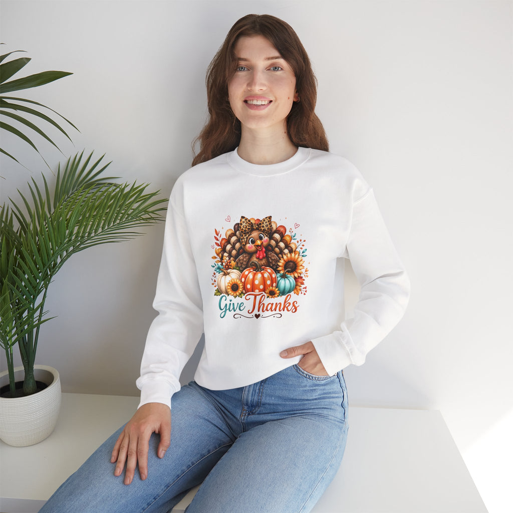 Sweatshirt — "Give Thanks" Autumn Turkey & Pumpkin Thanksgiving Crewneck