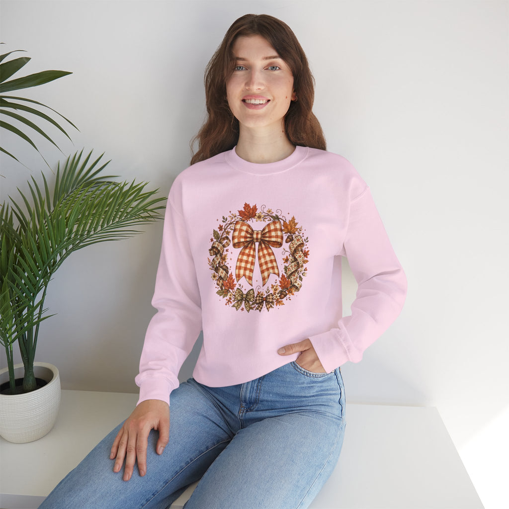 Cozy Autumn Plaid Bow Wreath Crewneck Sweatshirt
