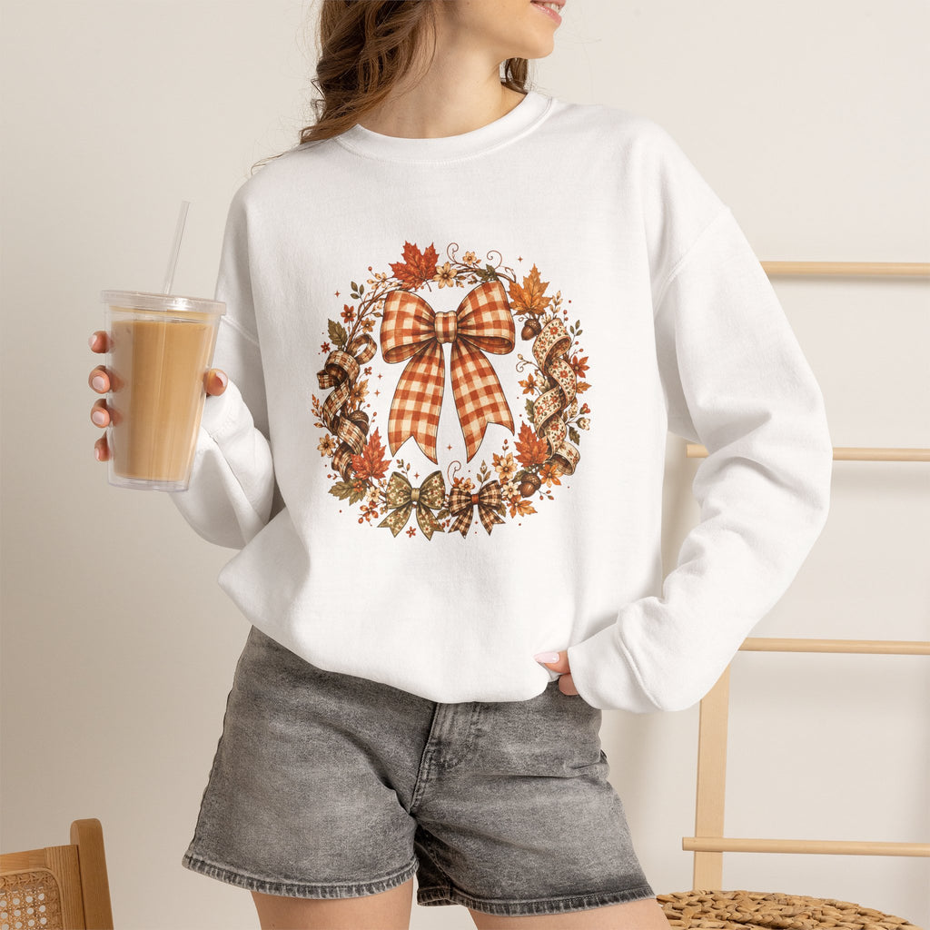 Cozy Autumn Plaid Bow Wreath Crewneck Sweatshirt