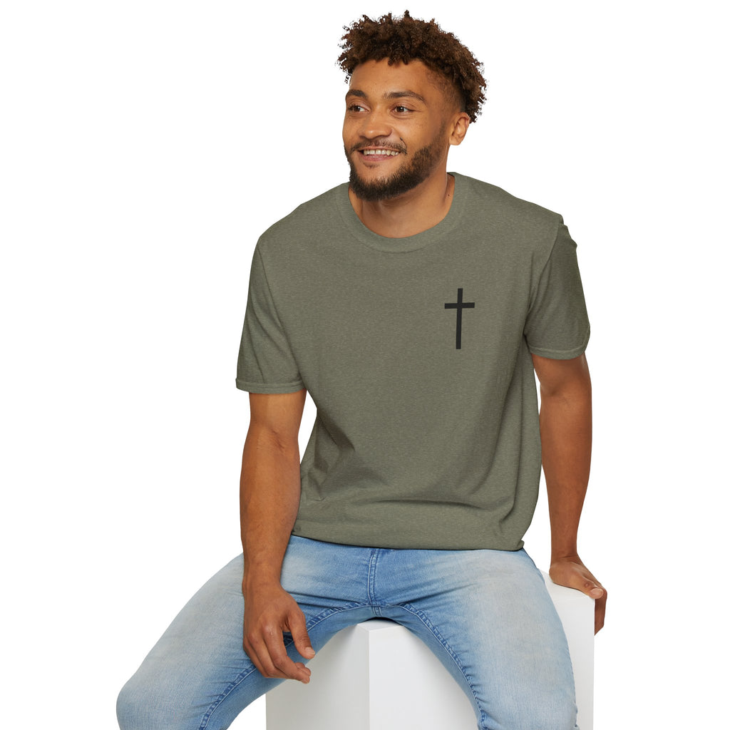 Man of Faith Rooted in Christ T-Shirt — Christian Gift for Him Flag & Cross Back Print Graphic Tee