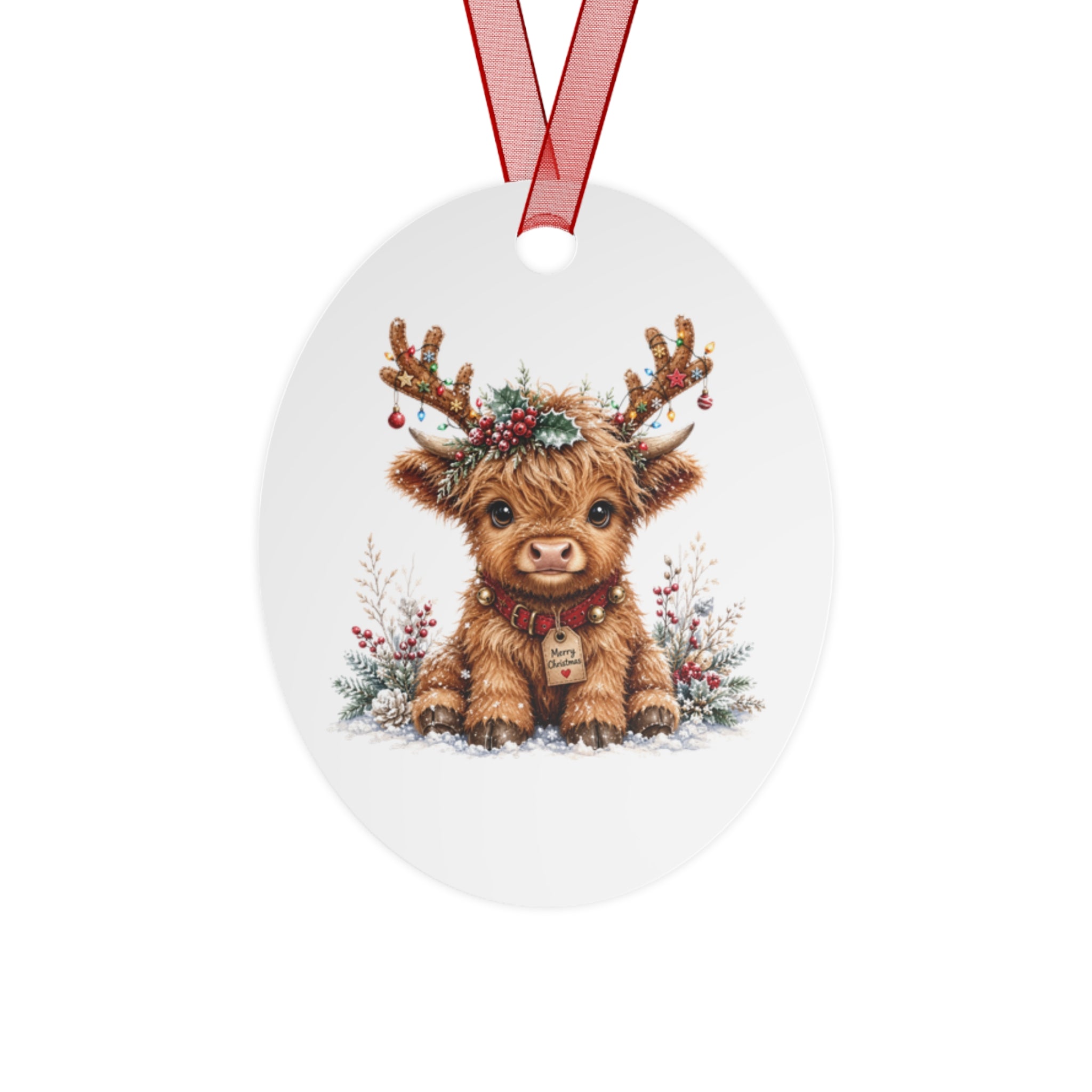 Cute Highland Cow Metal Ornament — Holiday Christmas Tree Decoration