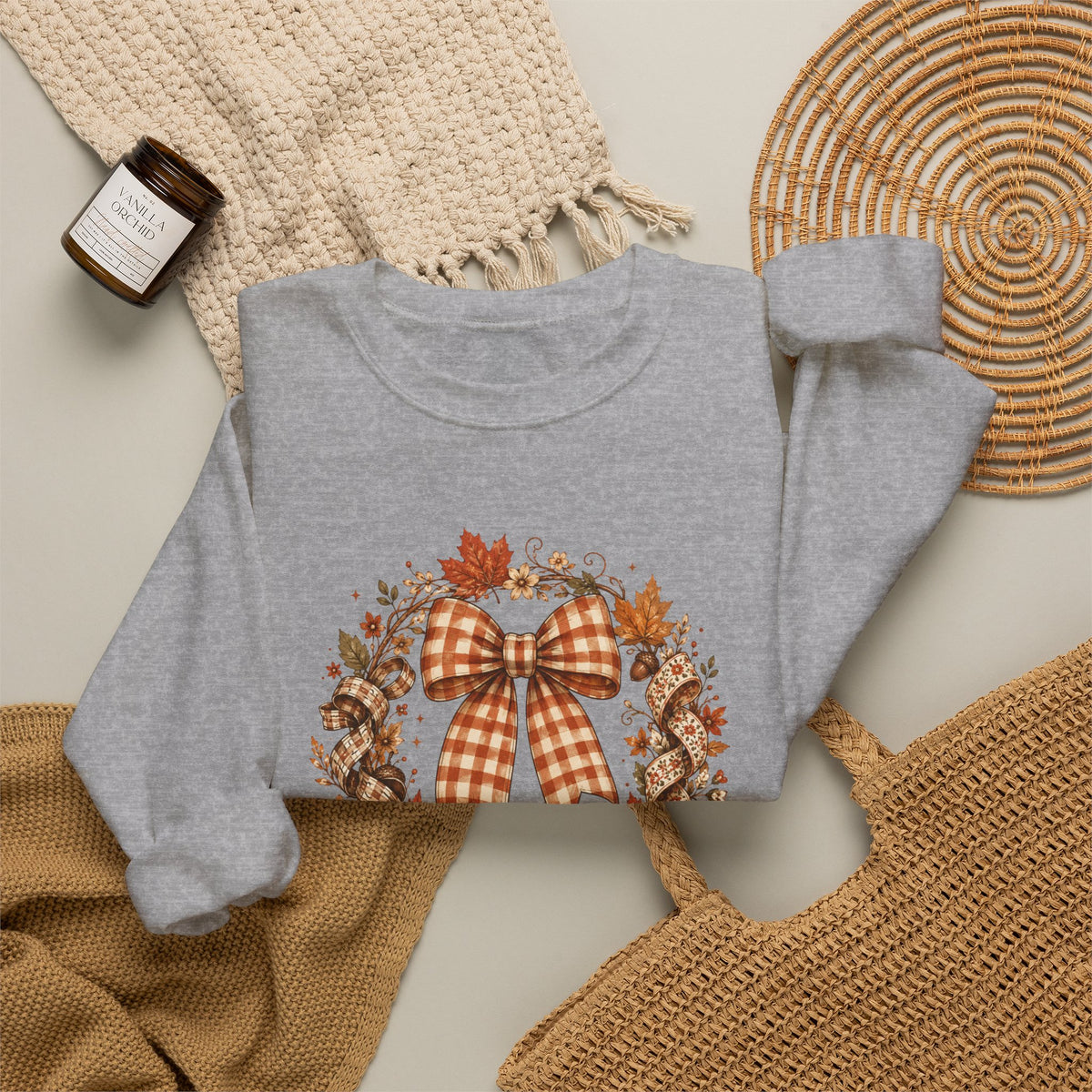 Cozy Autumn Plaid Bow Wreath Crewneck Sweatshirt