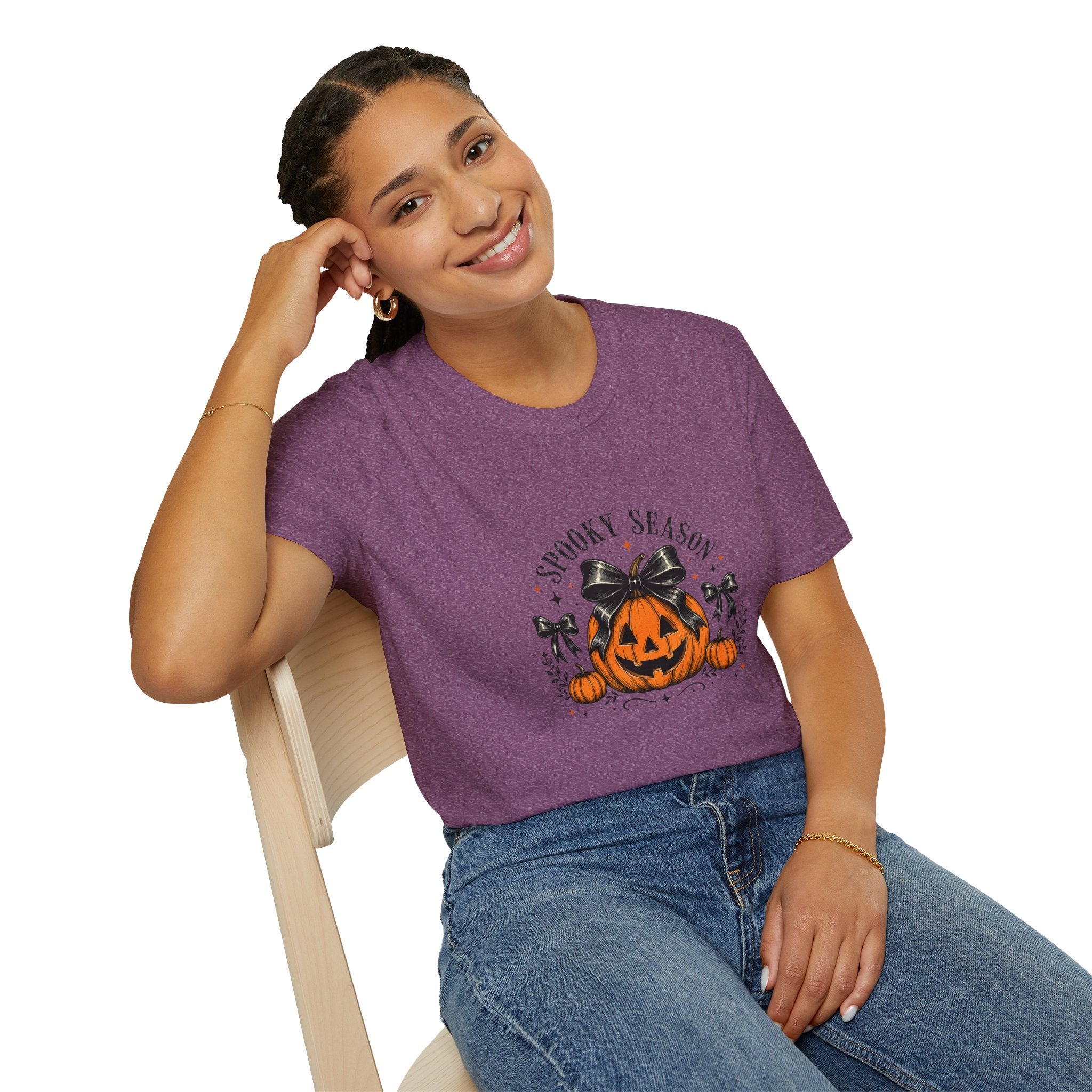 Spooky Season Jack-O'-Lantern Bow T-Shirt — Cute Halloween Gift for Women Graphic Tee