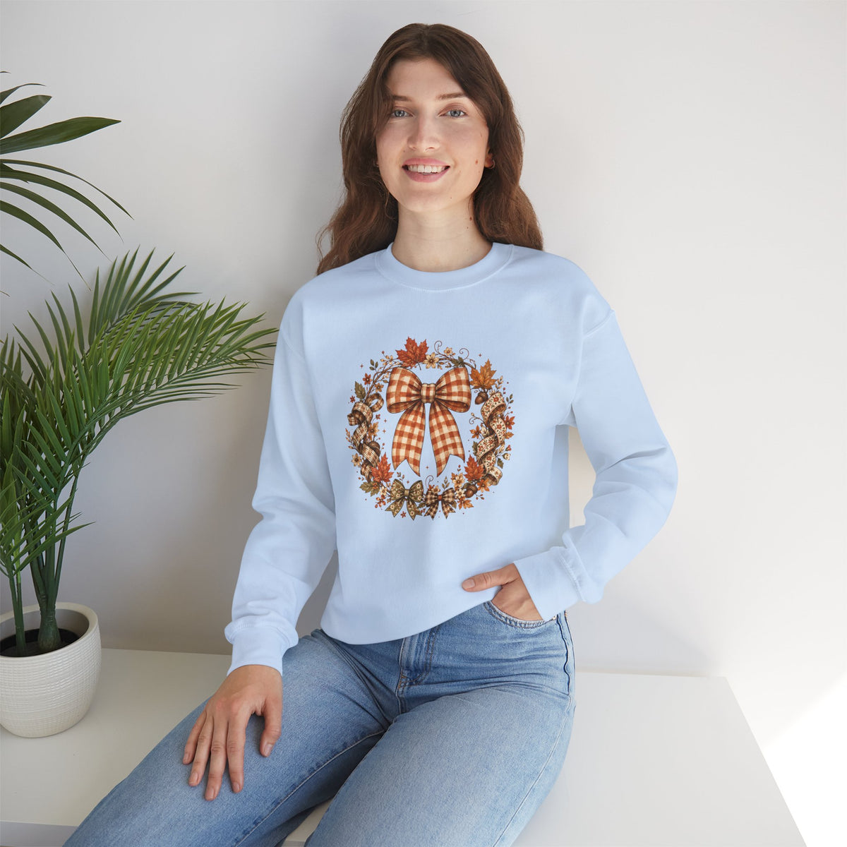 Cozy Autumn Plaid Bow Wreath Crewneck Sweatshirt