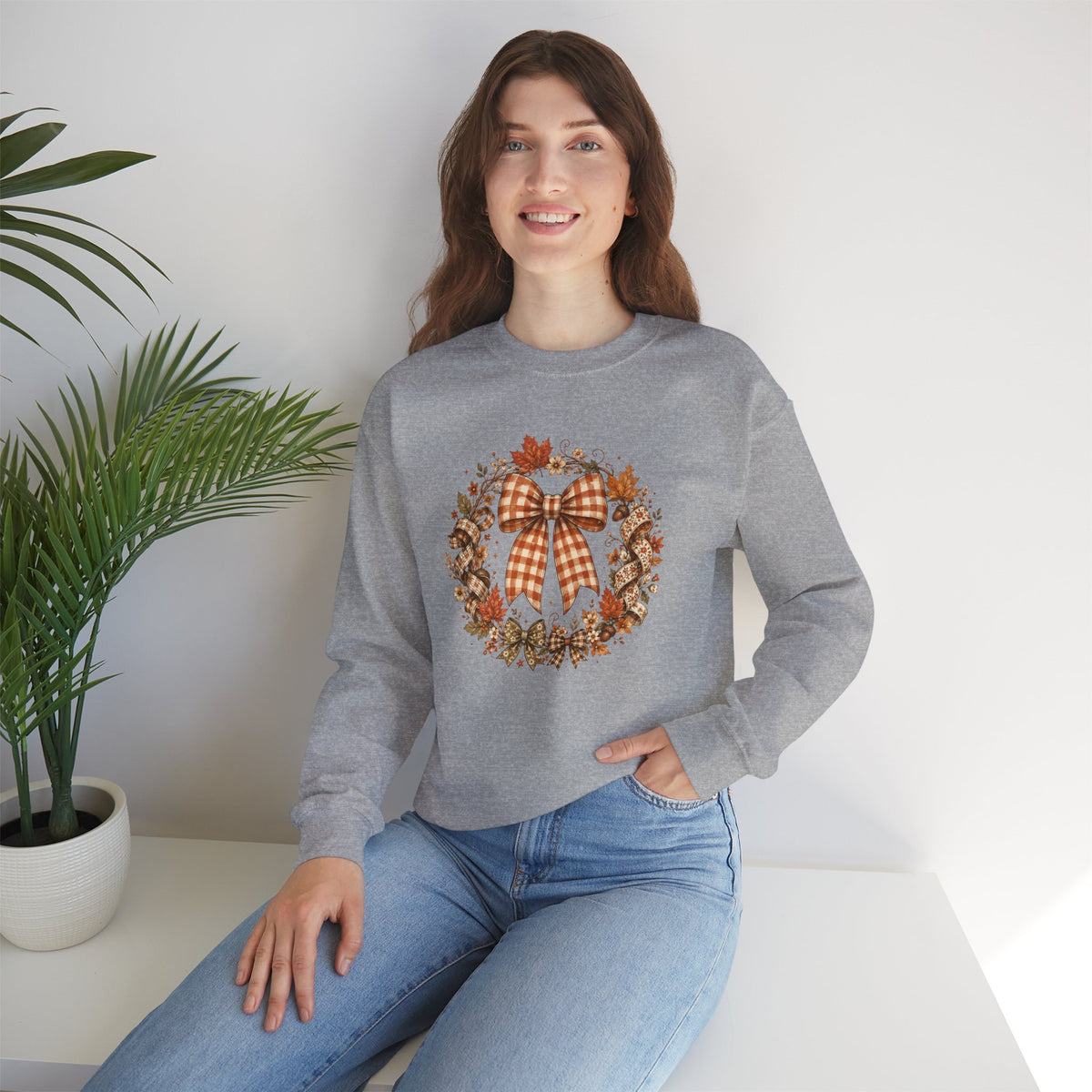 Cozy Autumn Plaid Bow Wreath Crewneck Sweatshirt