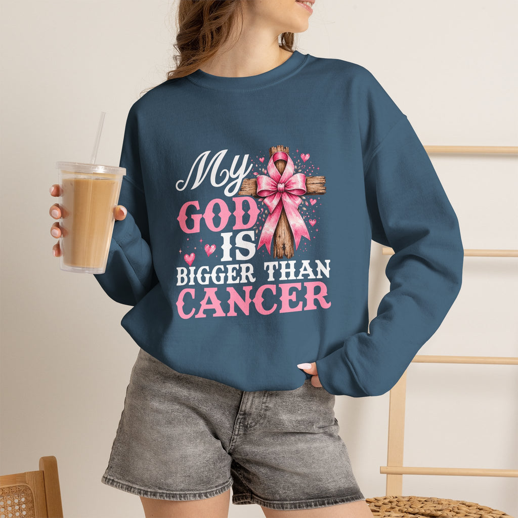 My God Is Bigger Than Cancer Breast Cancer Awareness Crewneck Sweatshirt