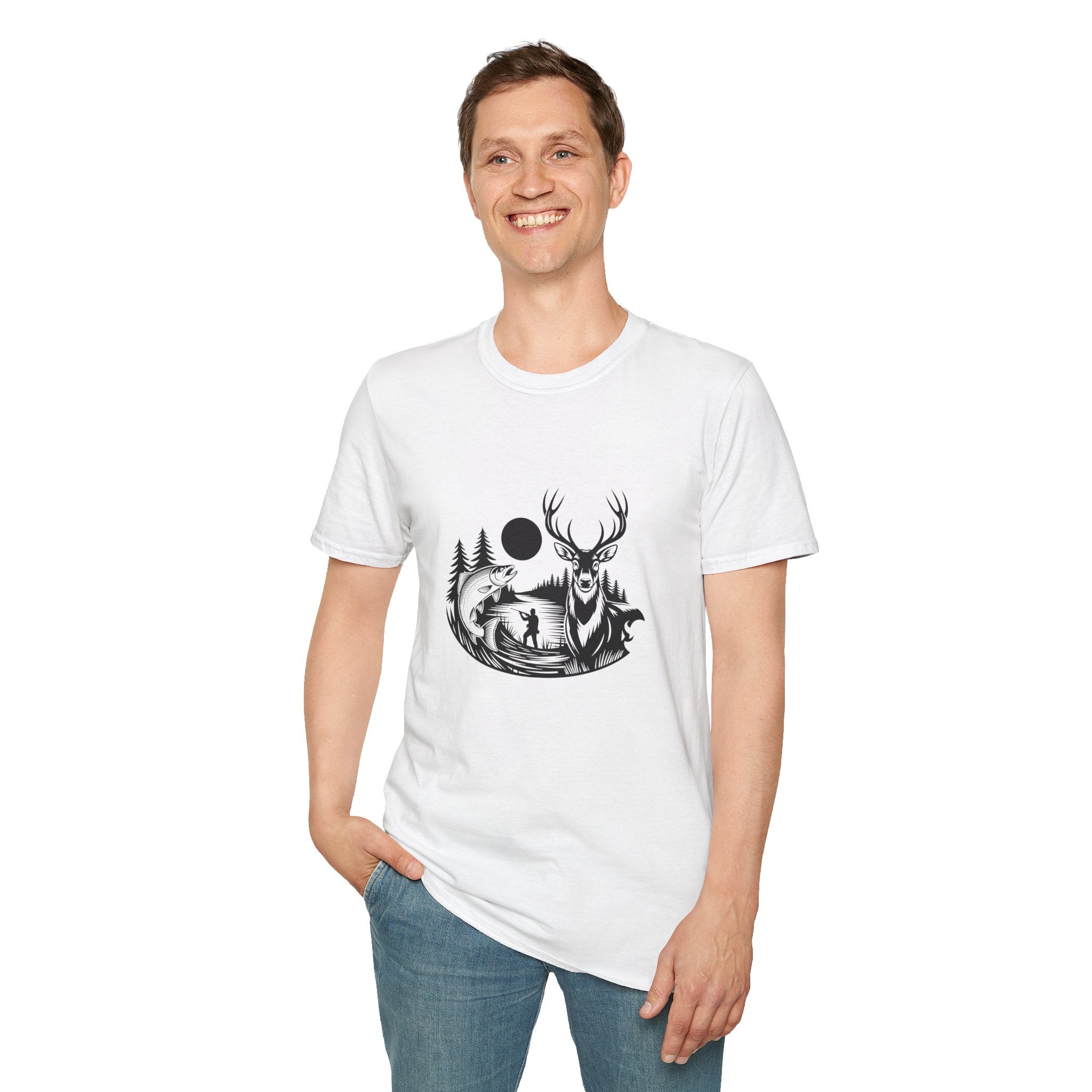 Deer & Fish Forest Silhouette T-Shirt — Rustic Outdoor Gift for Hunters Graphic Tee