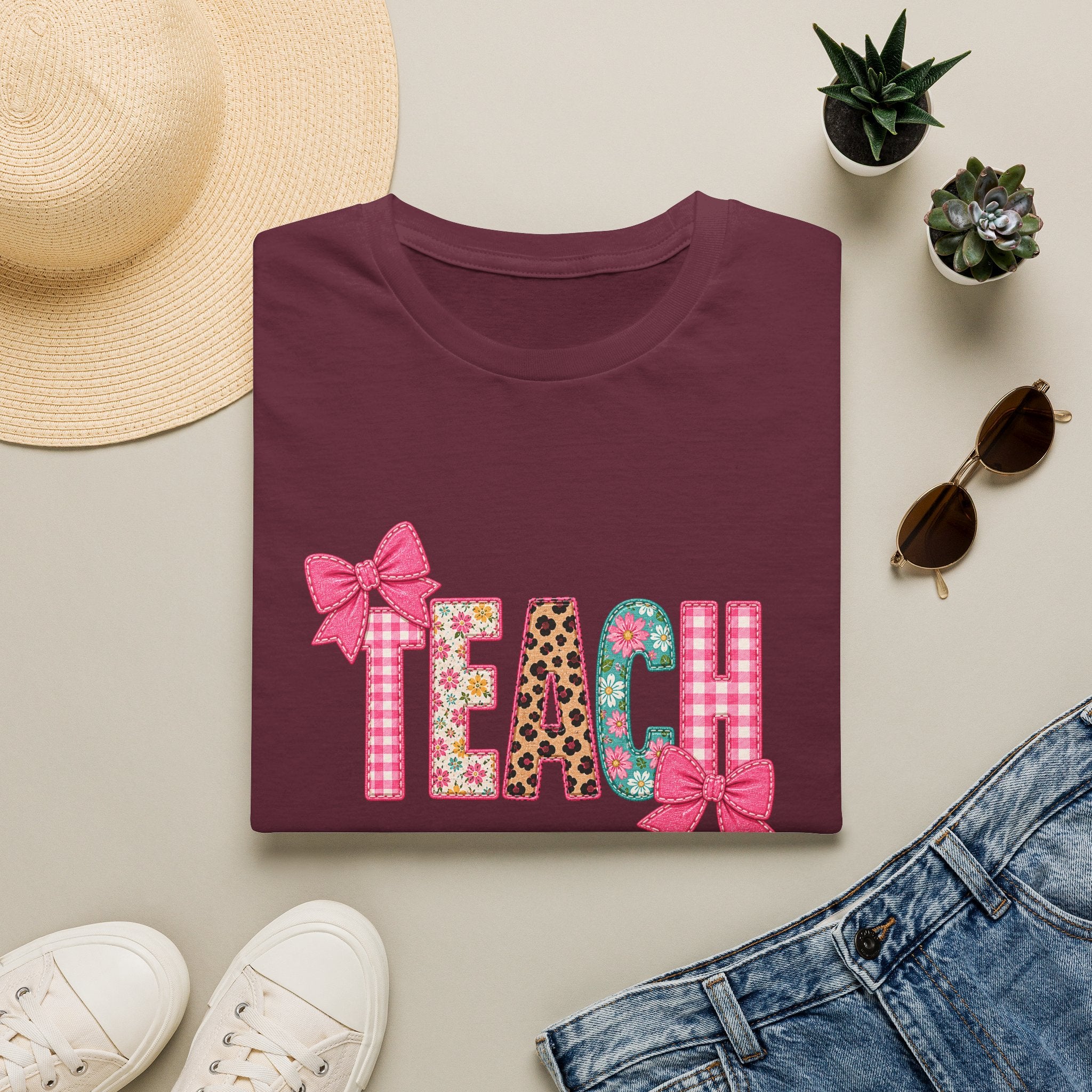 Floral Leopard TEACH T-Shirt — Cute Back-to-School Gift for Teachers Pink Bow Tee