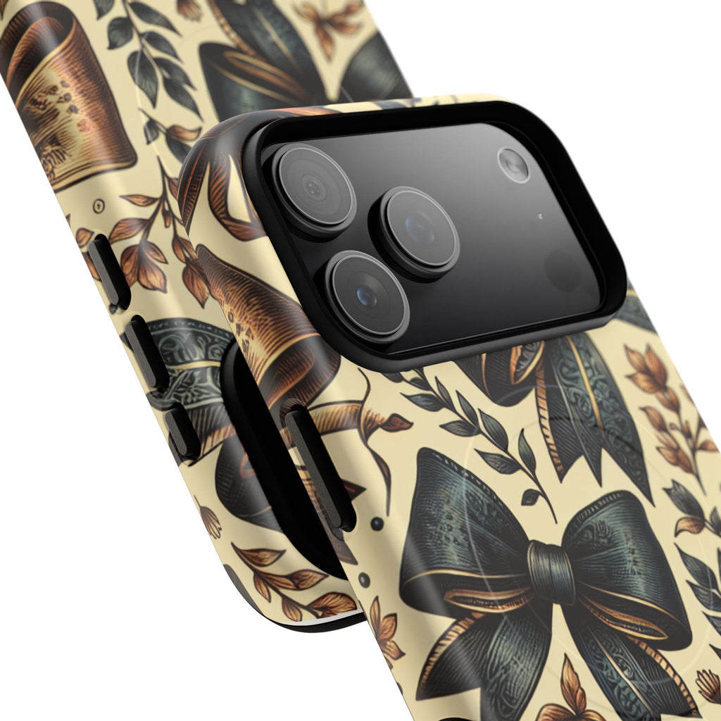 Bow Pattern Tough Magnetic Phone Case — Vintage Ribbon Floral Design