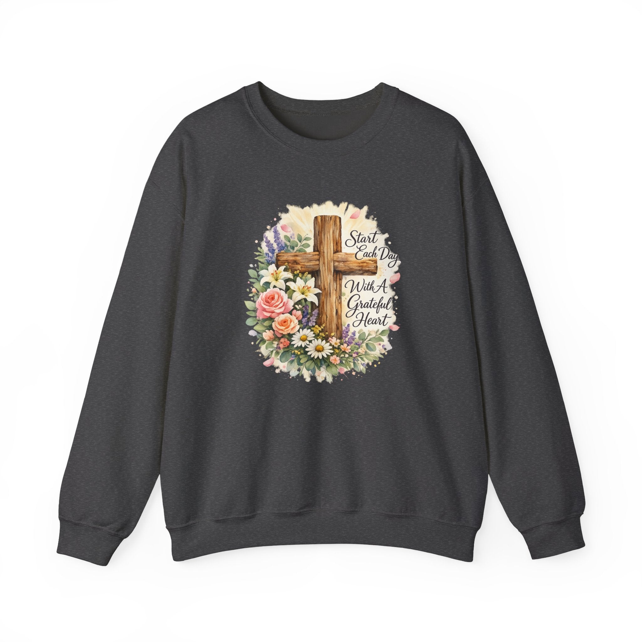 Christian Crewneck Sweatshirt — "Start Each Day with a Grateful Heart" Floral Cross