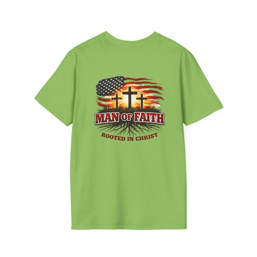 Man of Faith Rooted in Christ T-Shirt — Christian Gift for Him Flag & Cross Back Print Graphic Tee