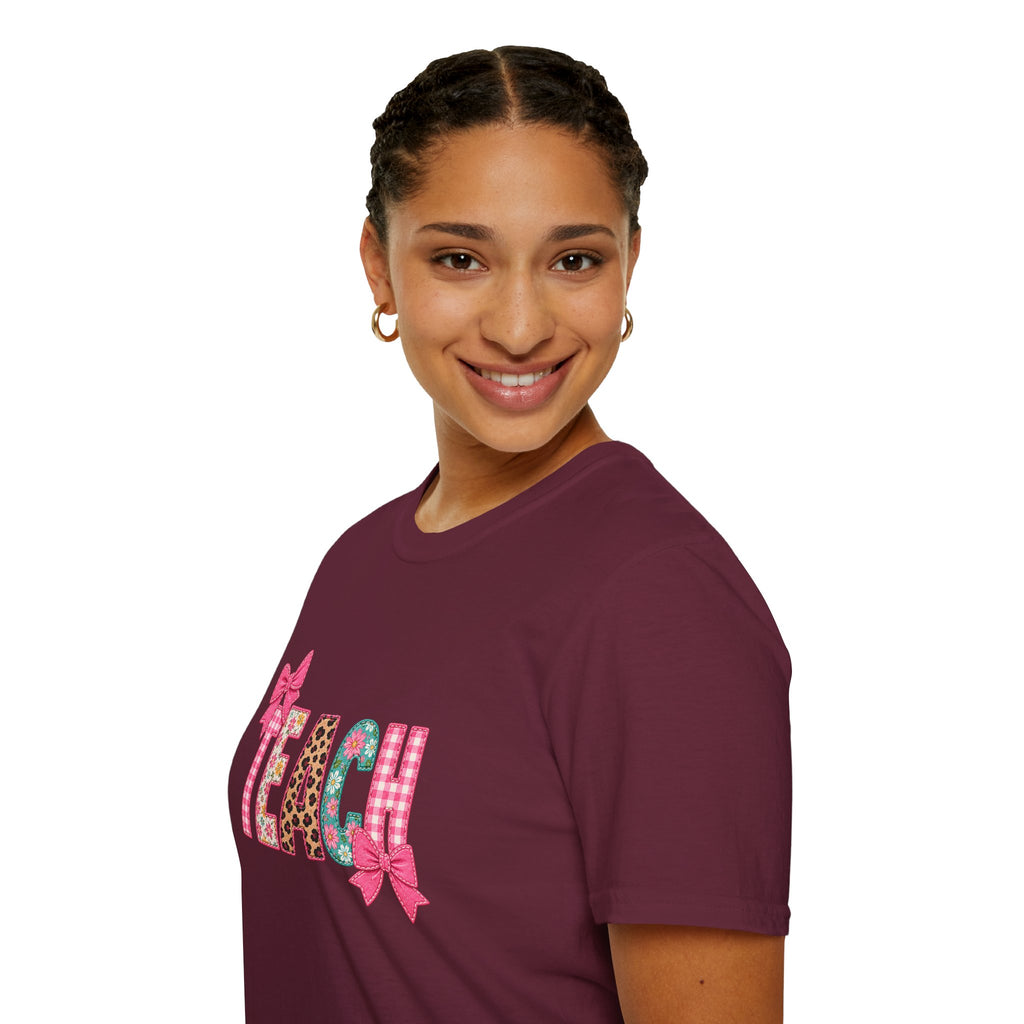 Floral Leopard TEACH T-Shirt — Cute Back-to-School Gift for Teachers Pink Bow Tee
