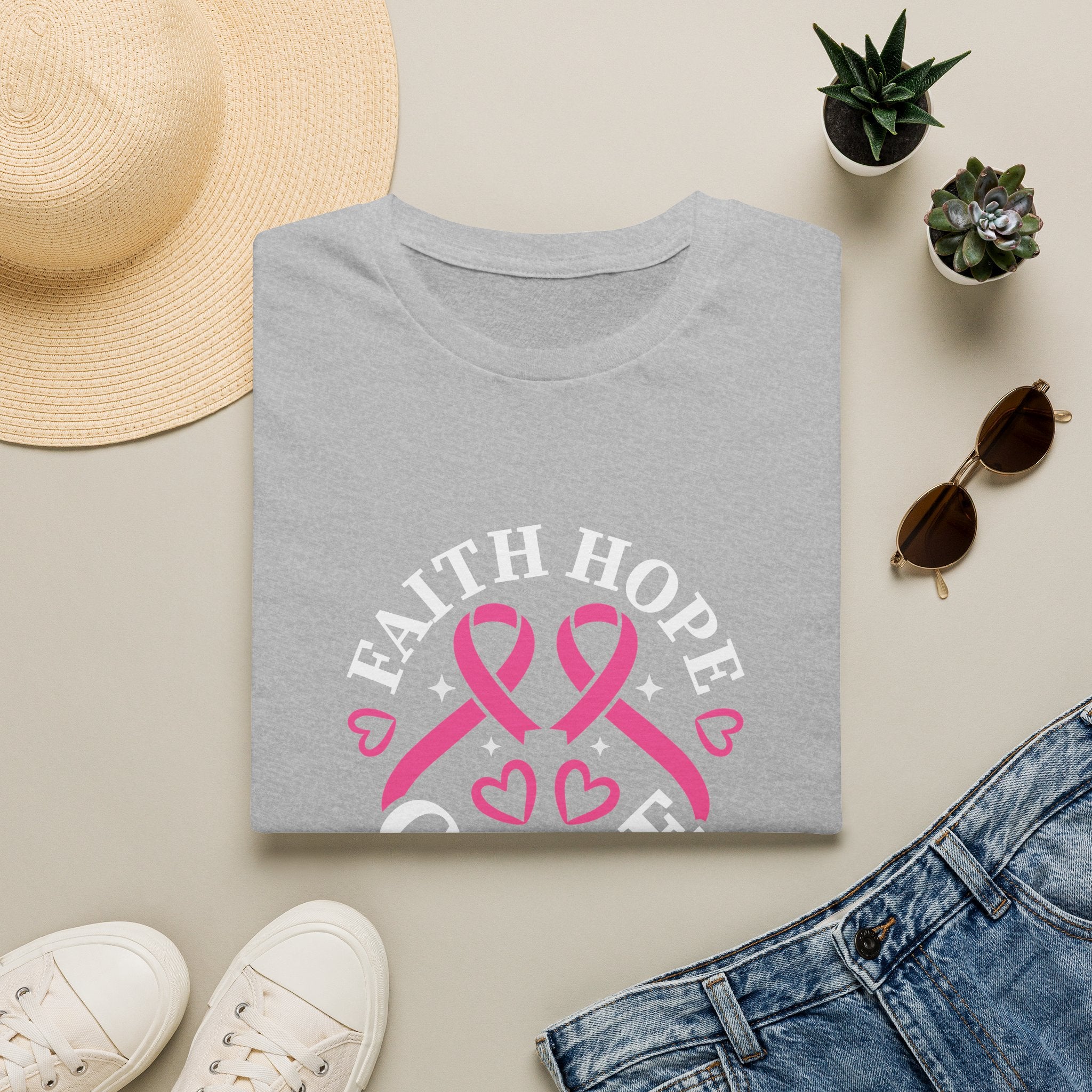 Faith Hope Cure Breast Cancer Awareness T-Shirt — Pink Ribbon Gift for Her Support Graphic Tee
