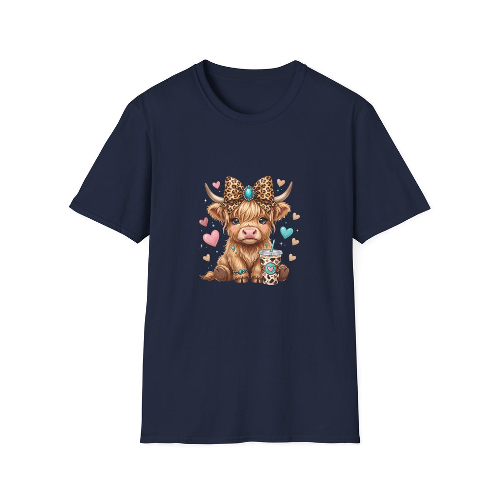 Highland Cow Leopard Bow T-Shirt — Cute Funny Gift for Her Hearts Graphic Tee