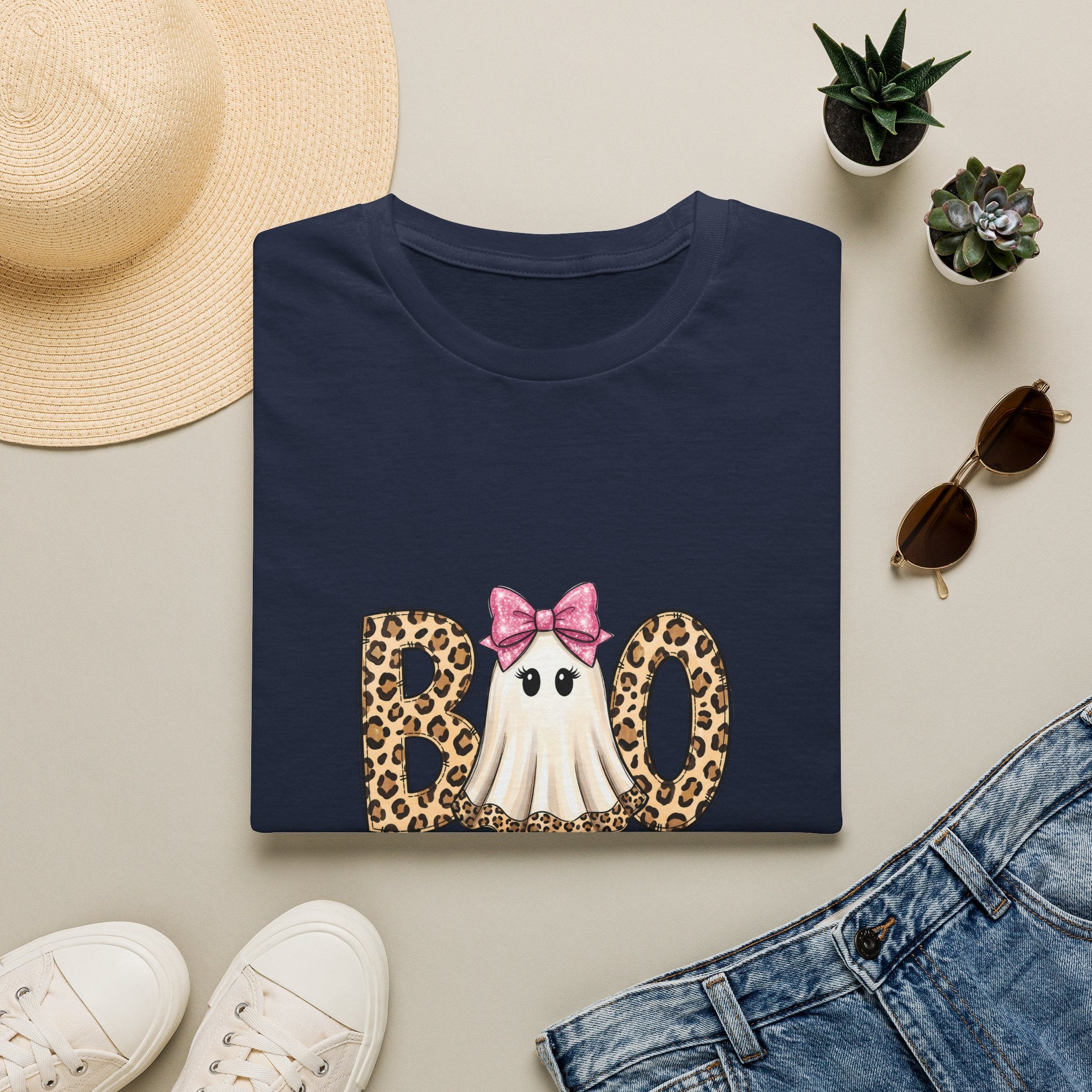 Boo Leopard Ghost T-Shirt — Cute Pink Bow Halloween Gift for Women Graphic Tee